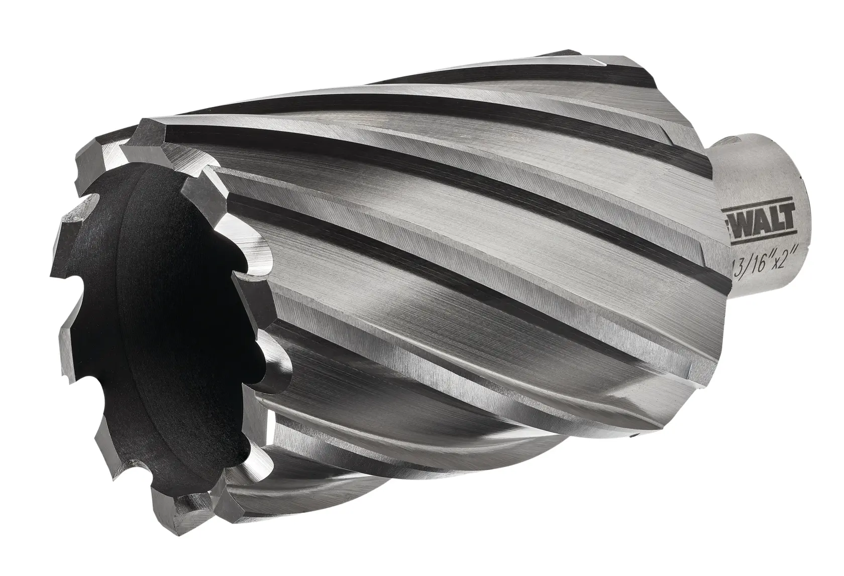 A close-up image of a DEWALT annular cutter, showing its sharp, spiral-fluted cutting edges. The tool is metallic with a cylindrical shape and open center, used for drilling precise holes in metal.