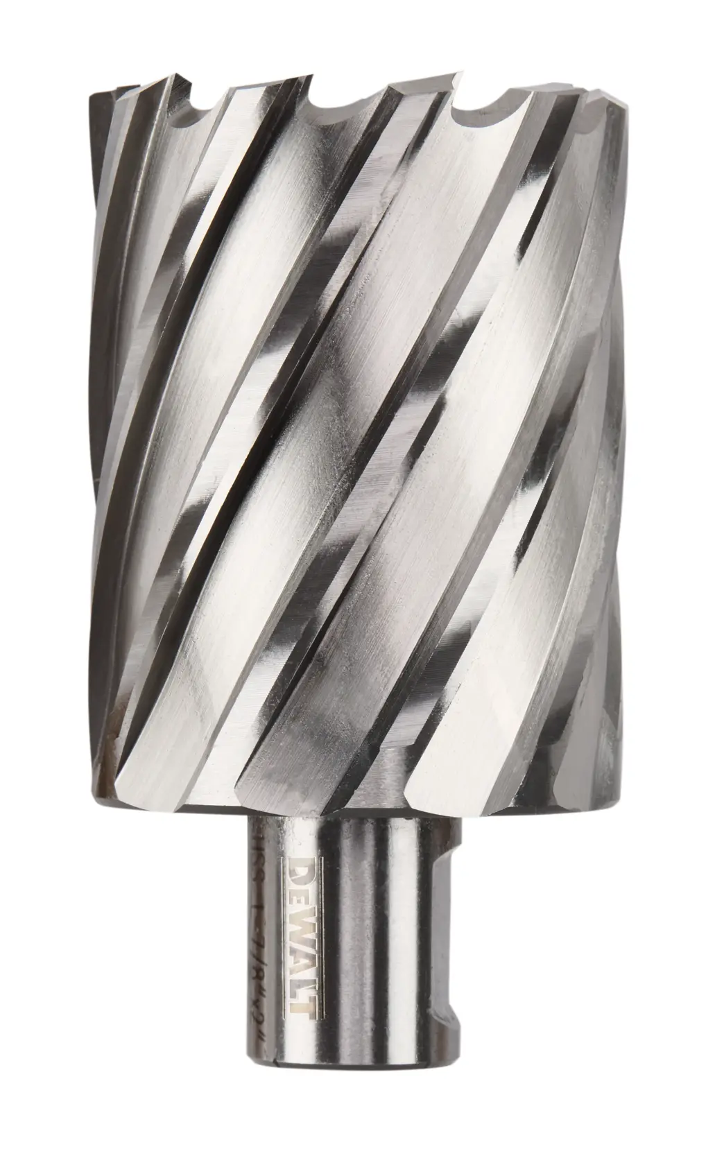 A close-up image of a DEWALT annular cutter with spiral flutes, used for drilling holes in metal.