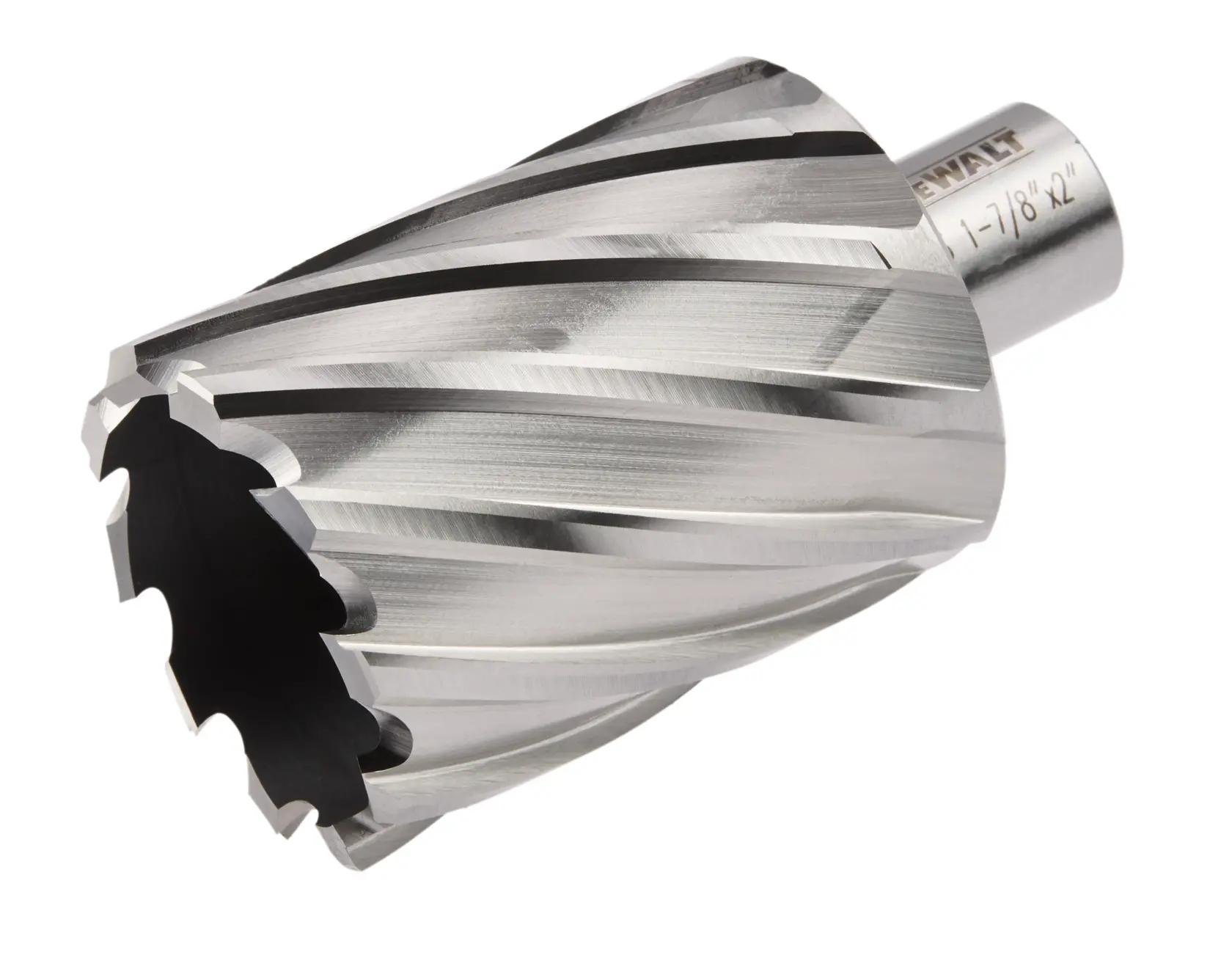 A close-up view of a DEWALT annular cutter, showing its sharp, spiral cutting edges and cylindrical shape. The tool is metallic with engraved specifications near the shank.