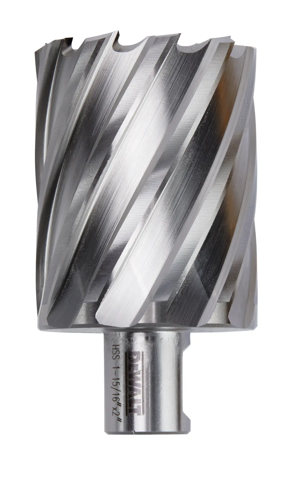 A close-up image of a DEWALT high-speed steel annular cutter with spiral cutting edges and engraved specifications on the shank.