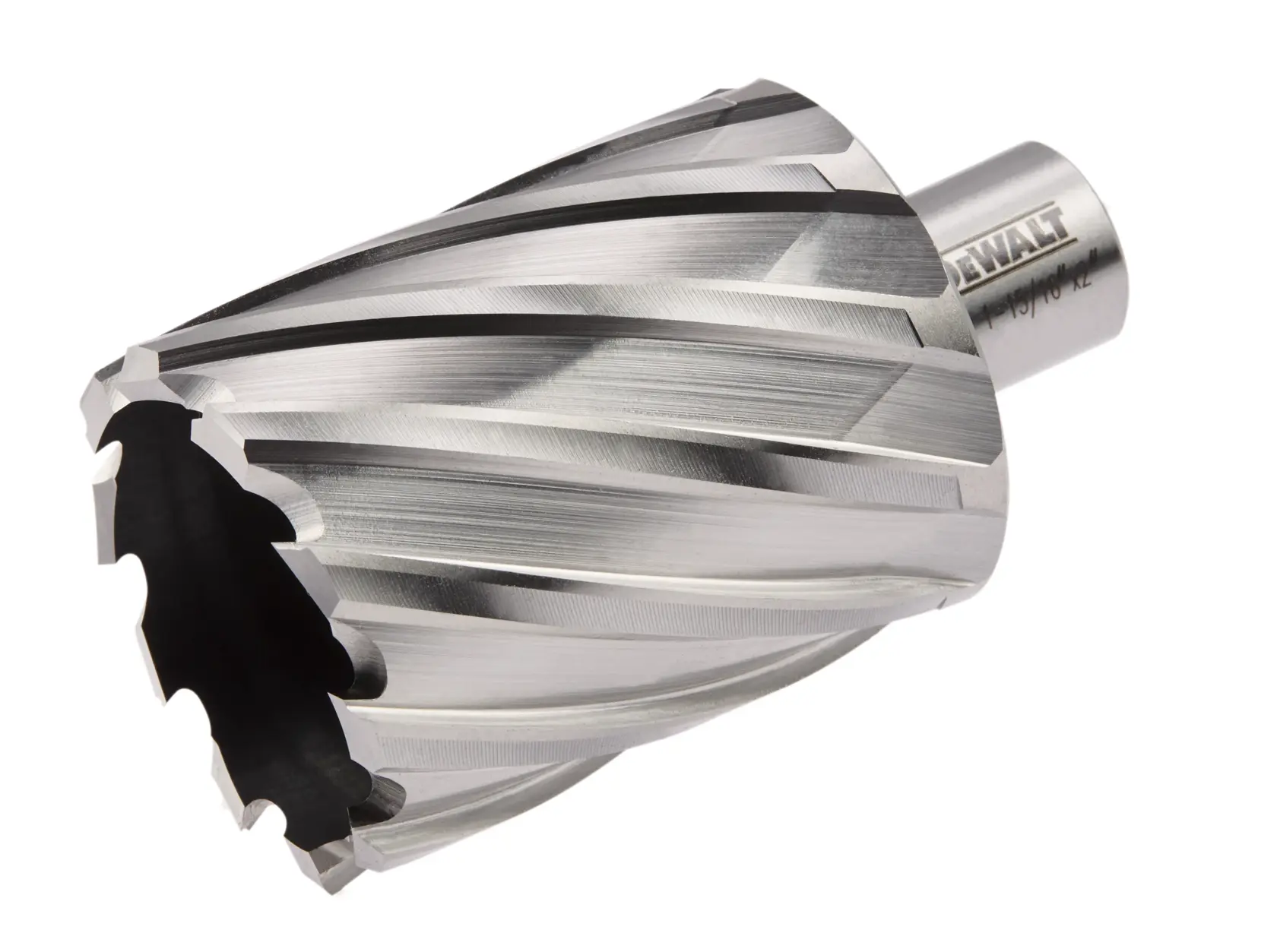 Close-up image of a DEWALT annular cutter with a silver, spiral-fluted design. The cutting tool is used for drilling holes in metal and is shown isolated on a white background.