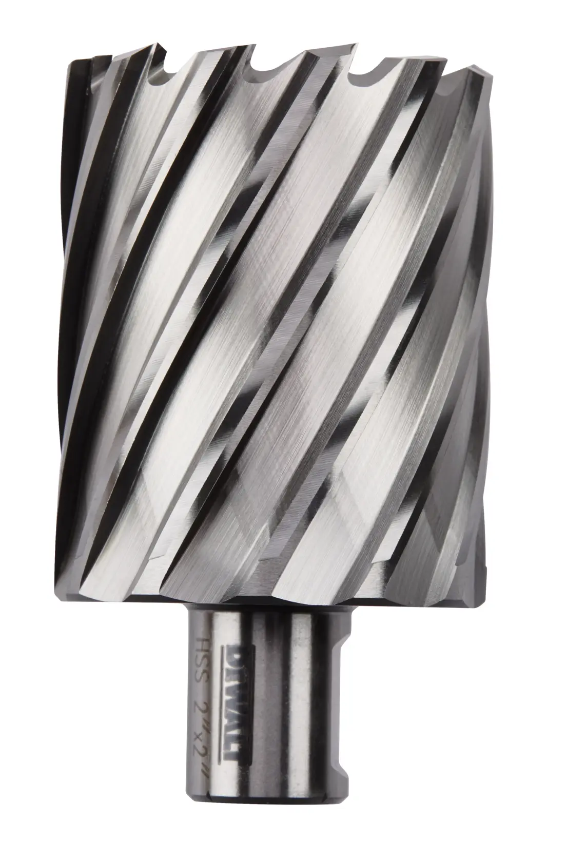 A close-up image of a DEWALT annular cutter with spiral cutting edges, designed for drilling through metal.