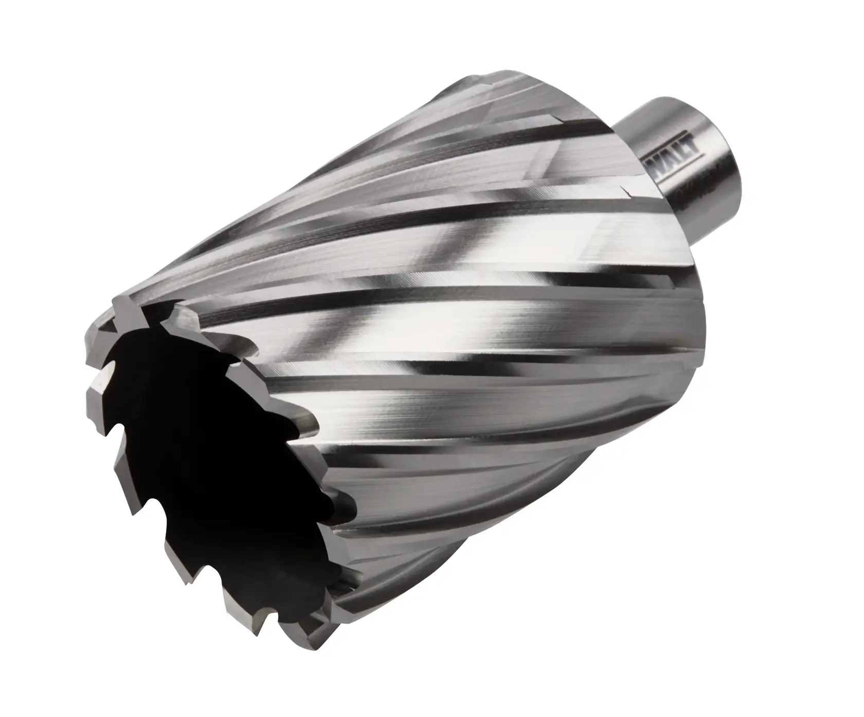 A close-up view of a metal annular cutter drill bit with spiral flutes and sharp cutting edges, used for drilling large holes in metal.