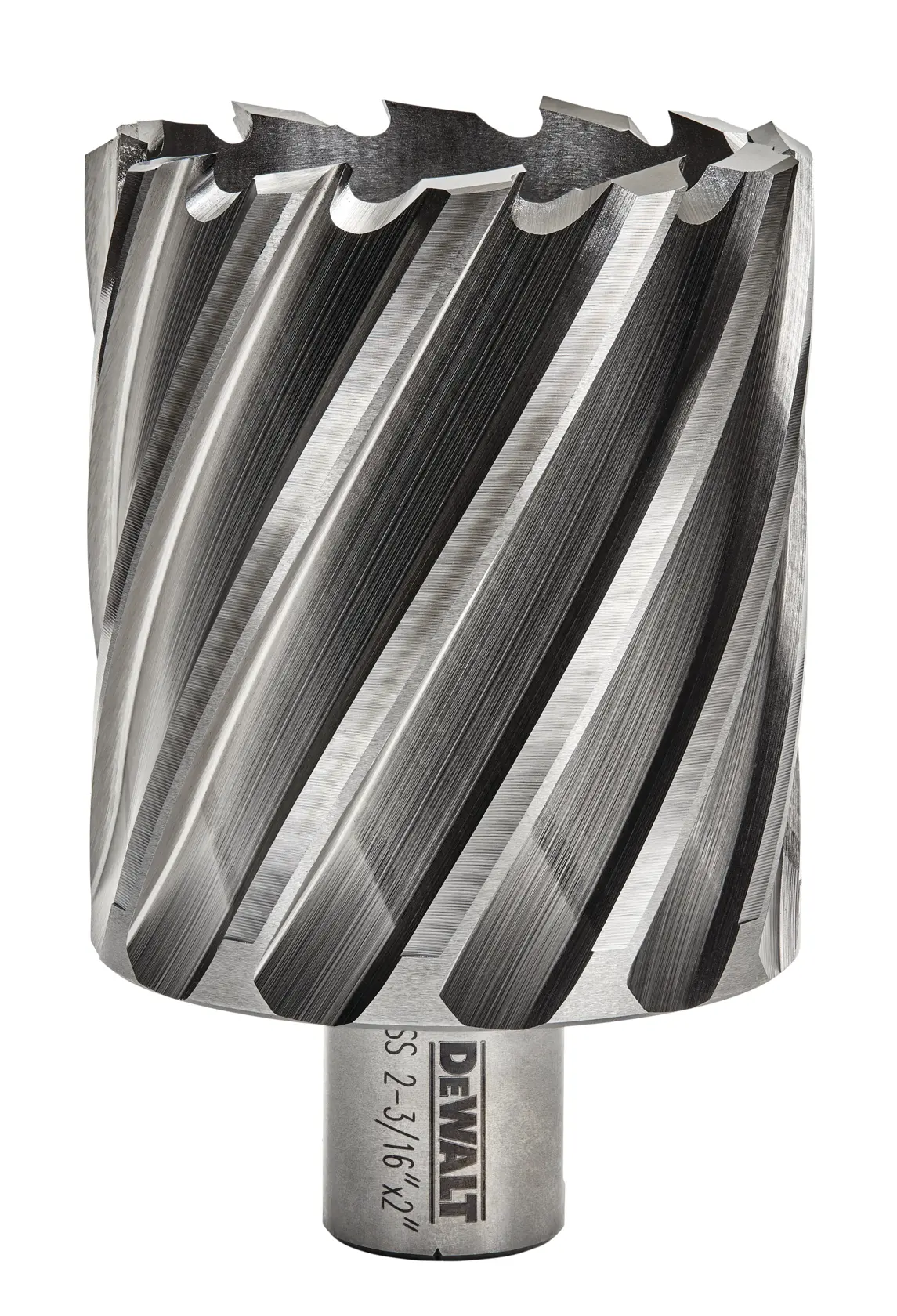 A close-up image of a DEWALT annular cutter, showing a cylindrical metal tool with spiral cutting edges and sharp teeth for drilling holes in metal.