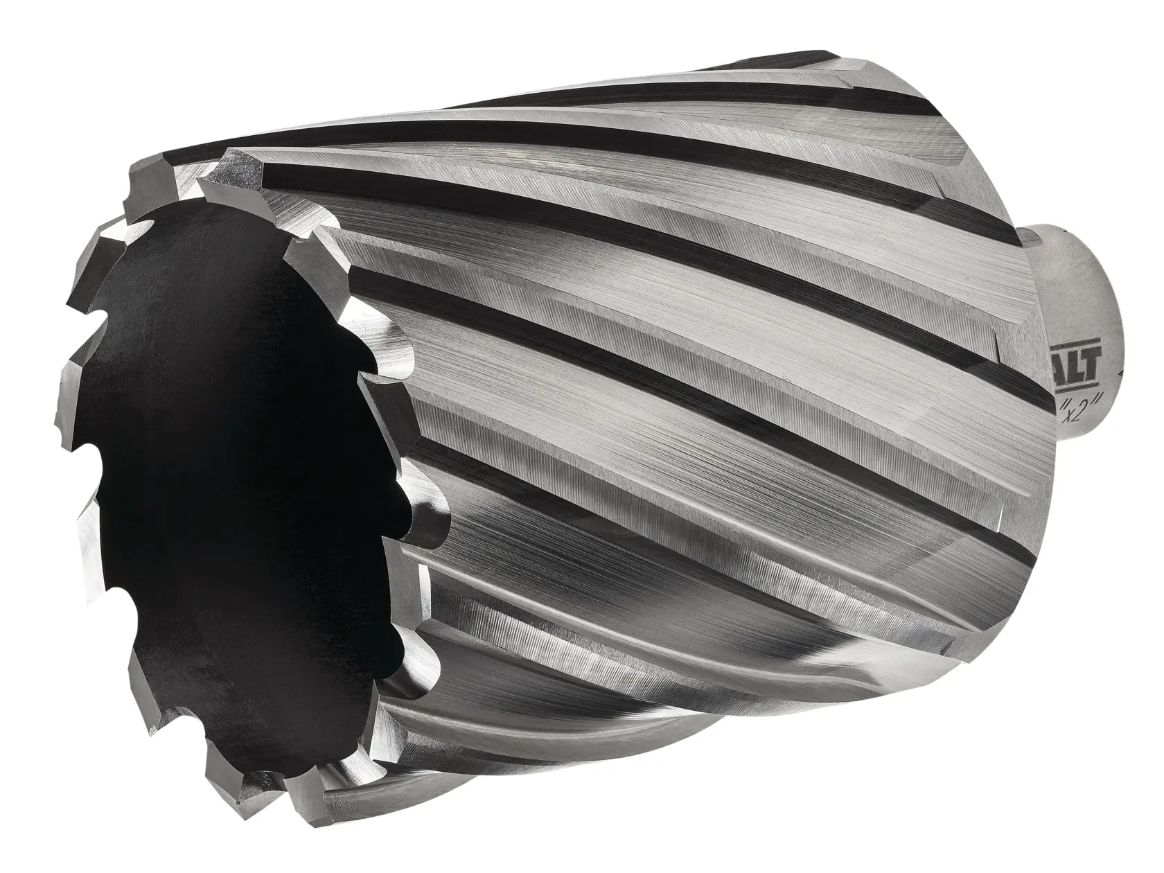A close-up of a metallic annular cutter drill bit with spiral flutes and cutting edges, used for drilling large holes in metal. The product is from the DEWALT brand.