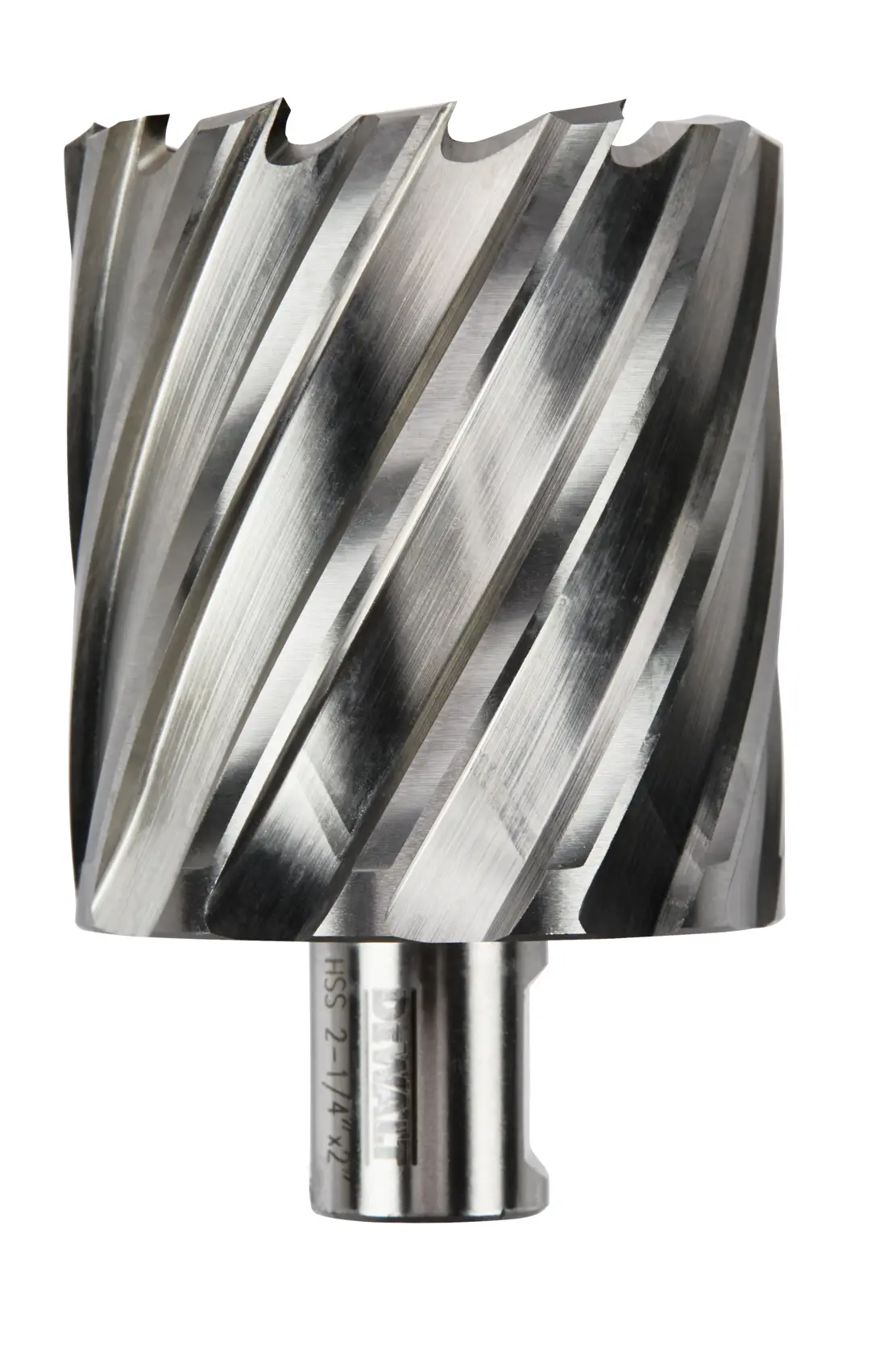 A close-up view of a metallic annular cutter with spiral flutes, used for drilling holes in metal. The product has a cylindrical body and a shank at the bottom.