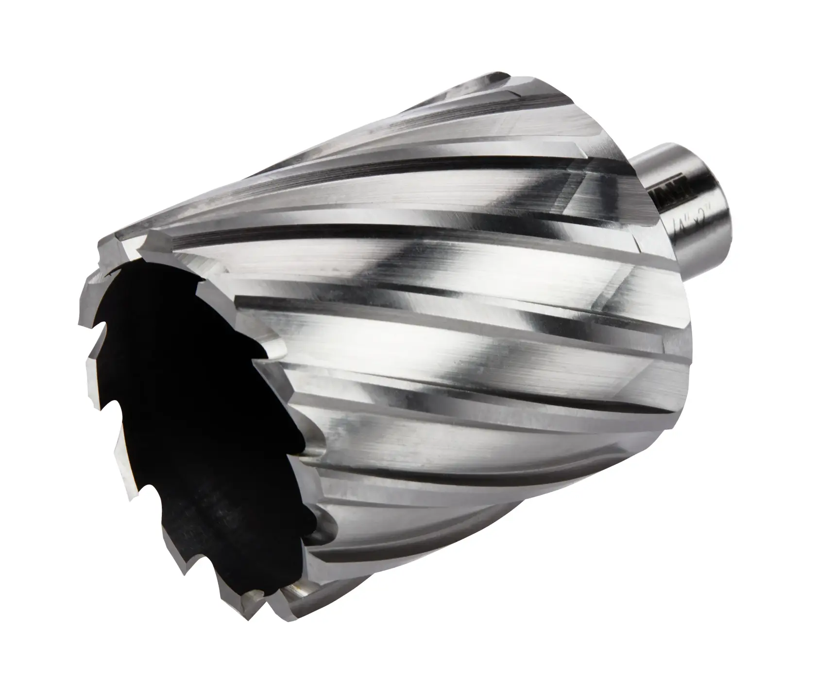 A close-up image of a DEWALT annular cutter, showing its shiny metallic spiral flutes and cutting edges.