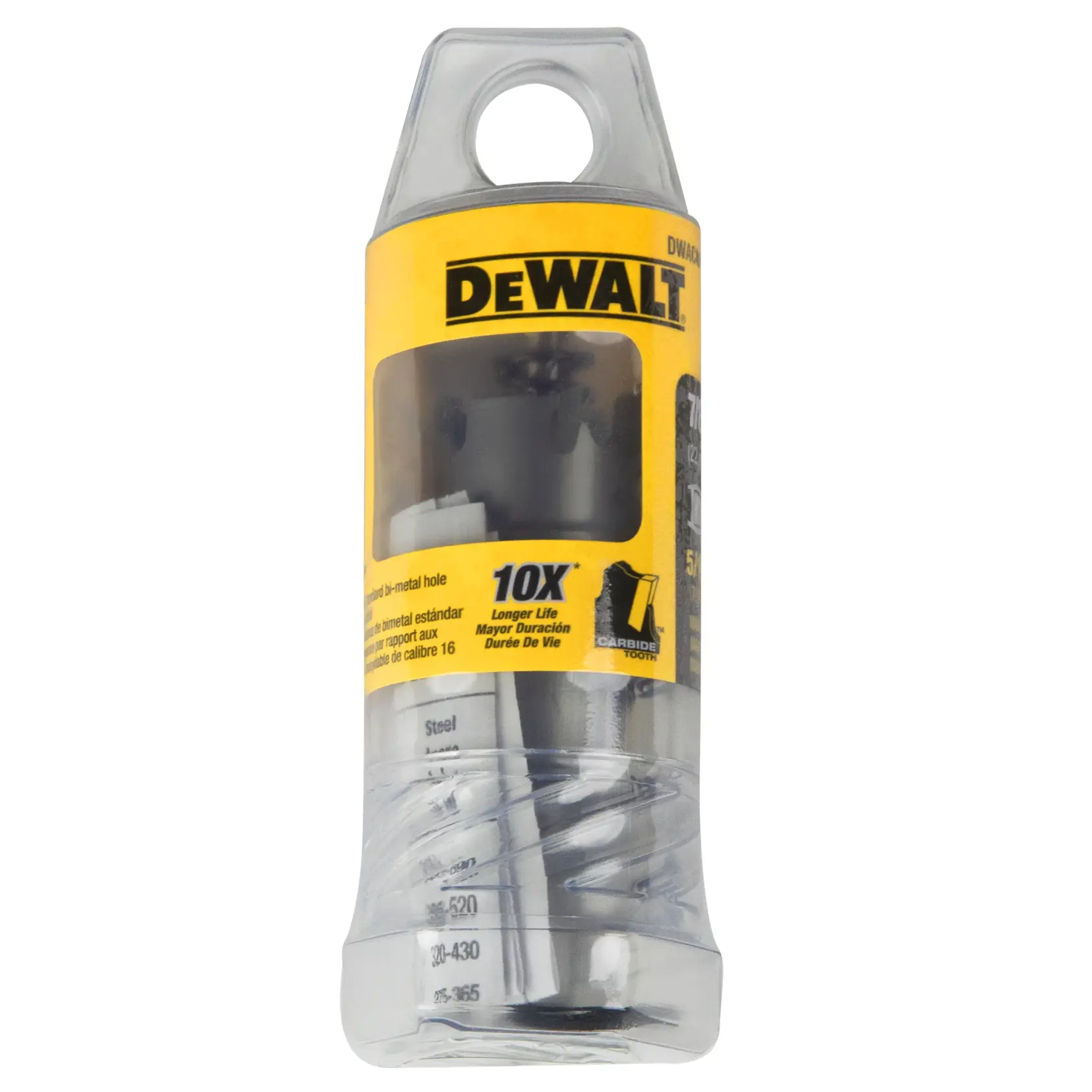 A plastic package containing a DEWALT-branded hole saw kit. The packaging is yellow and transparent, showing the metal tool parts inside. The DEWALT logo is prominently displayed at the top.