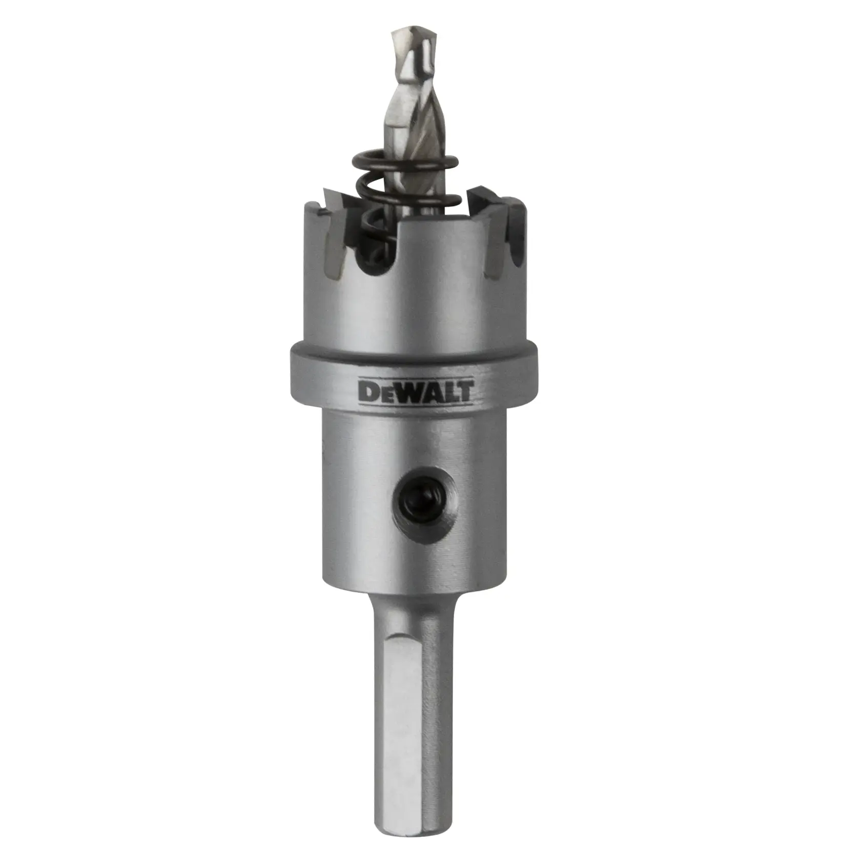 A DEWALT branded metal hole saw with a pilot drill bit and spring, used for drilling holes in metal surfaces.