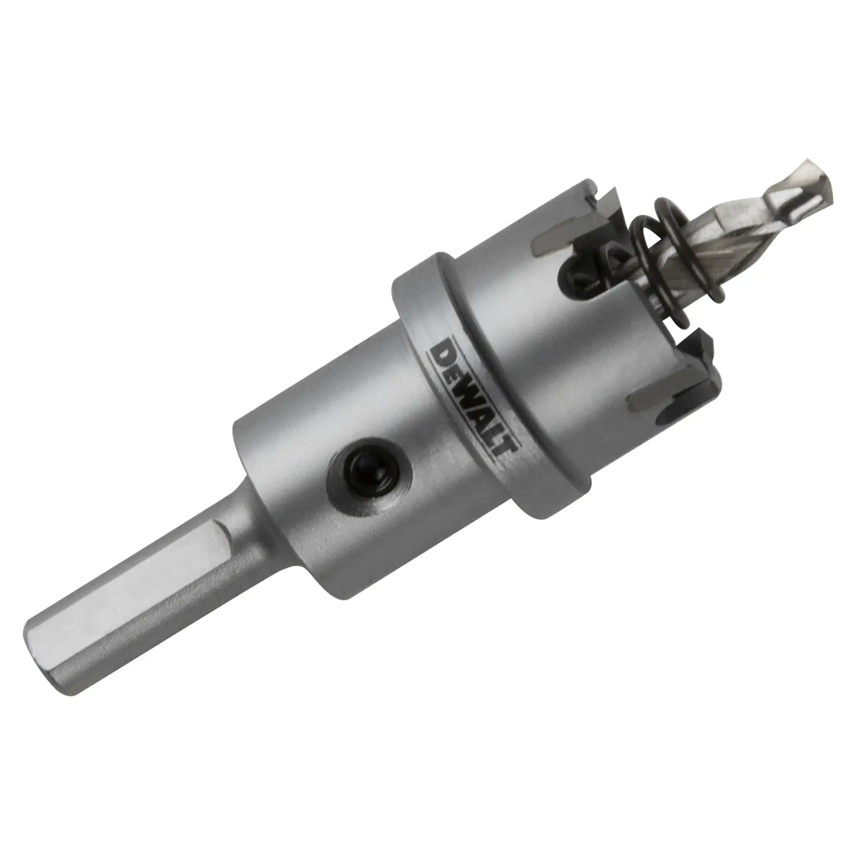 A close-up image of a DEWALT brand hole saw with a hex shank, designed for drilling holes in metal surfaces.