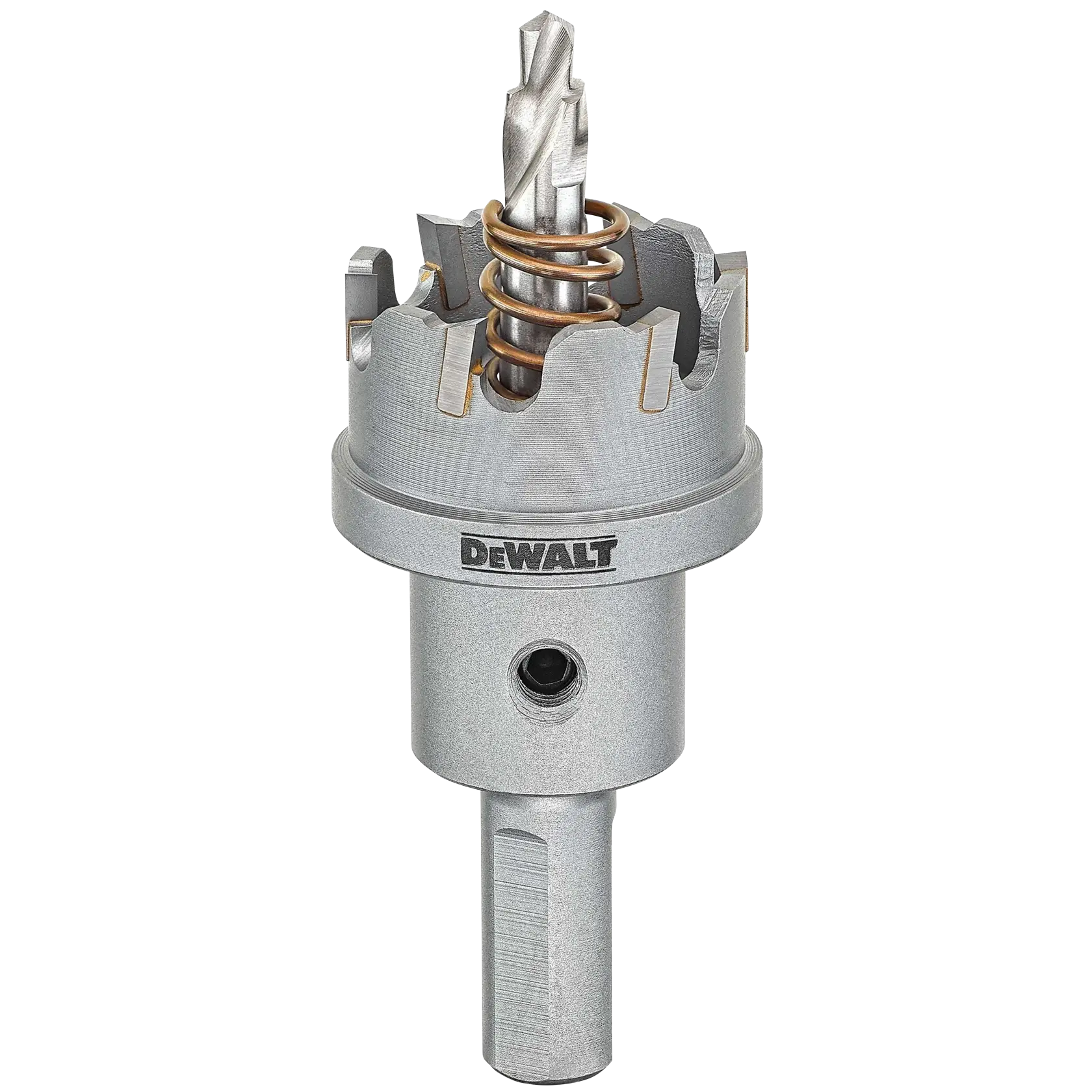 Close-up image of a DEWALT metal hole saw with pilot drill and spring, used for cutting holes in metal surfaces.