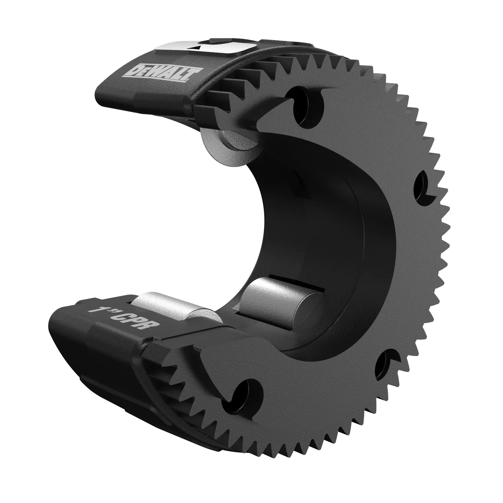 A close-up image of a DEWALT circular pipe cutting tool attachment, showing its serrated edges and metal cutting blades. The product is labeled '1'' CPR' and is designed for cutting pipes efficiently.