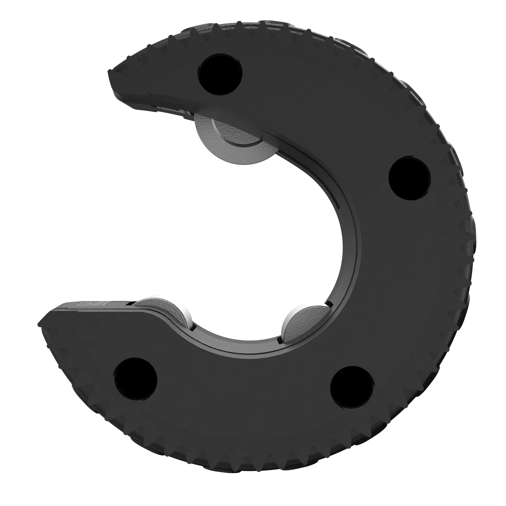Close-up image of a DEWALT replacement press ring, model DWACPR10. The ring is black, crescent-shaped, with three visible round metal rollers inside and textured edges.