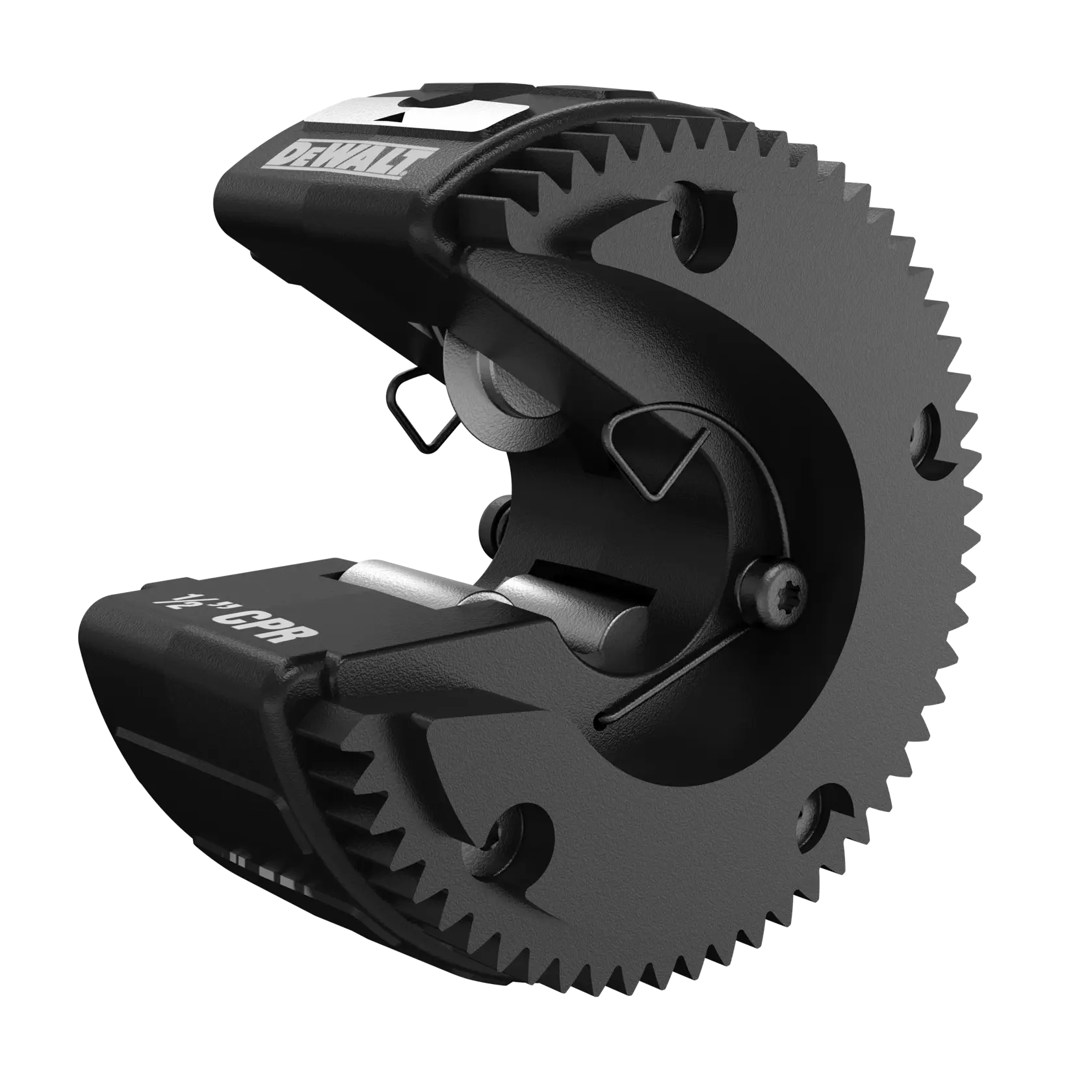A close-up view of a DEWALT pipe cutting tool, featuring a circular metal component with gear-like teeth and movable parts for cutting pipes.