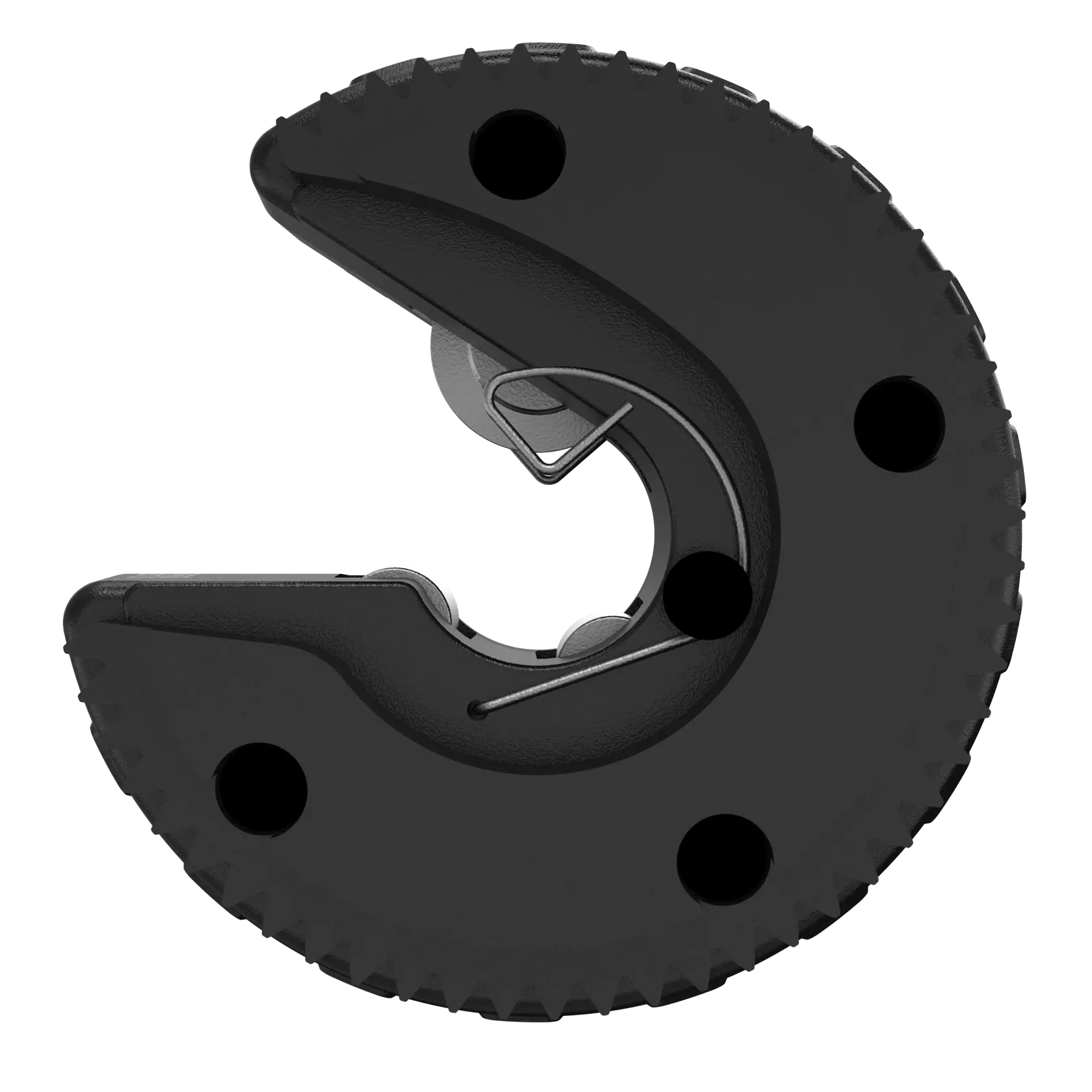 Close-up view of a DEWALT pipe cutting wheel replacement blade. The device is circular with a serrated edge and a central opening, designed for precise cutting of pipes.