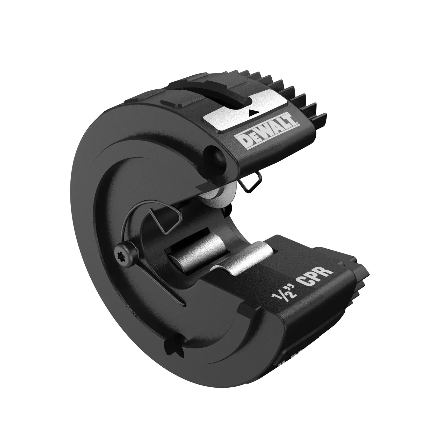 A black DEWALT branded pipe cutter tool, marked with '1/2" CPR', designed for cutting pipes, shown in a close-up view.