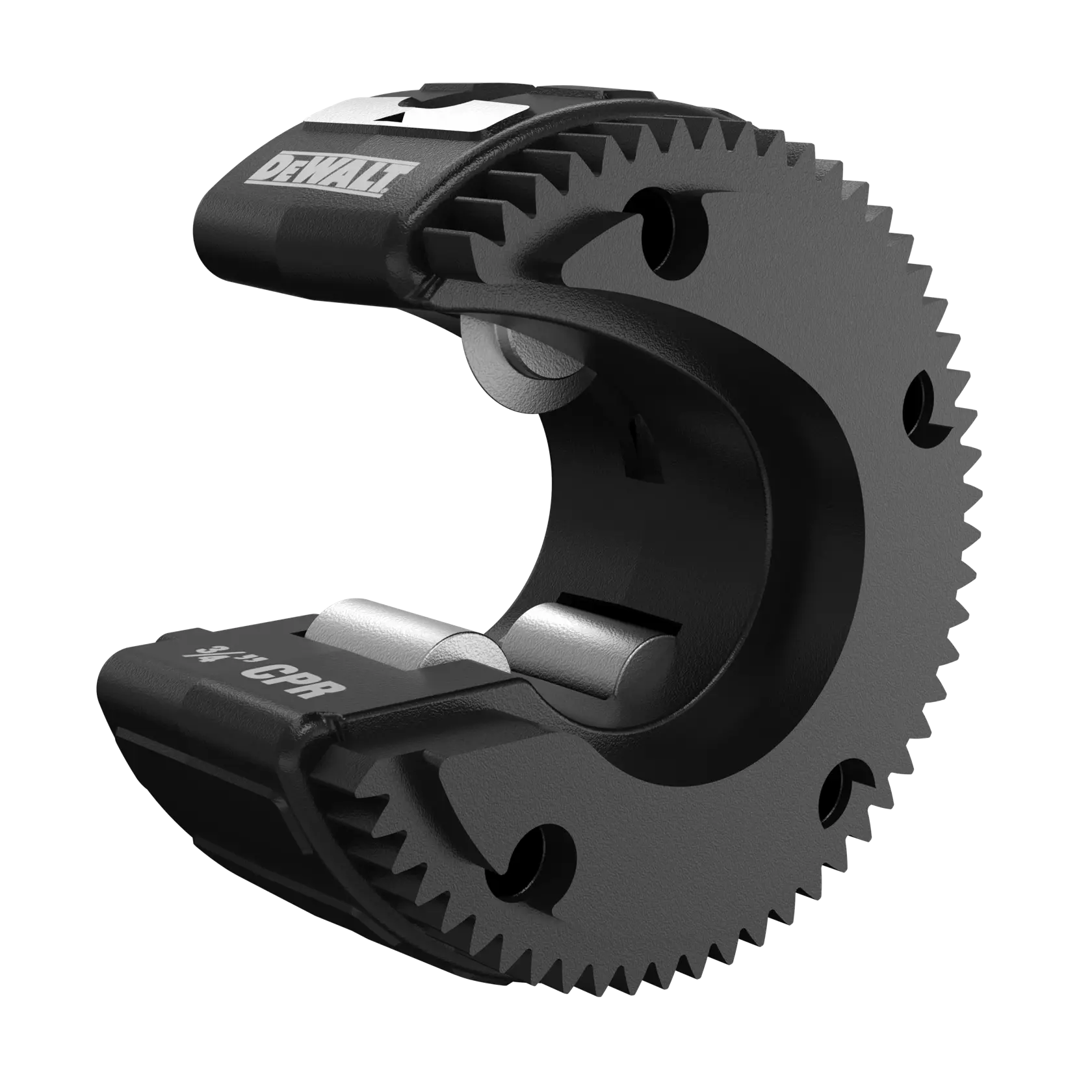 DEWALT 3/4 inch pipe cutter with a black, circular, toothed design and internal cutting blades, model DWACPR34.