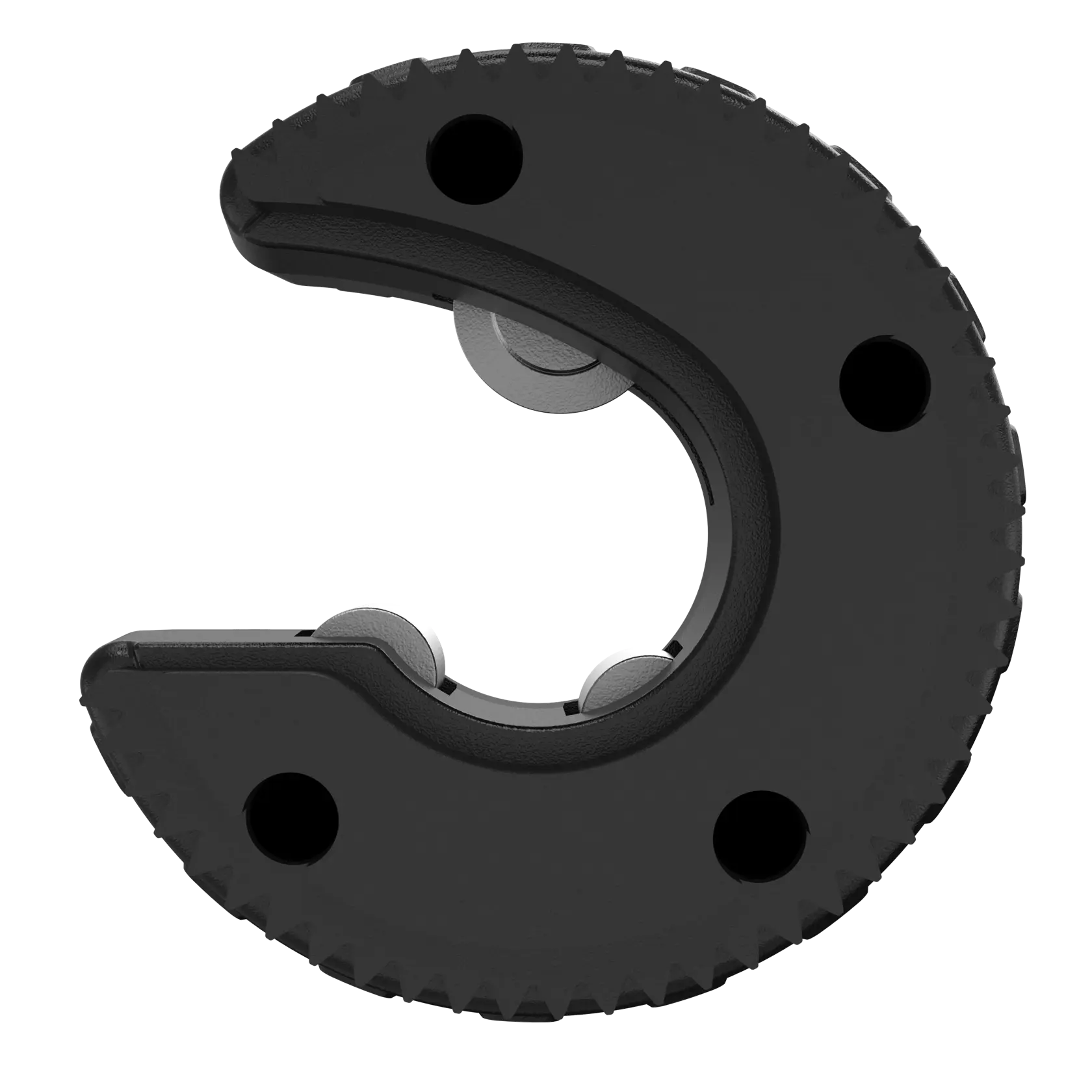 A close-up image of a black DEWALT pipe cutting replacement blade, showing its circular shape, opening, and metal cutting wheels.