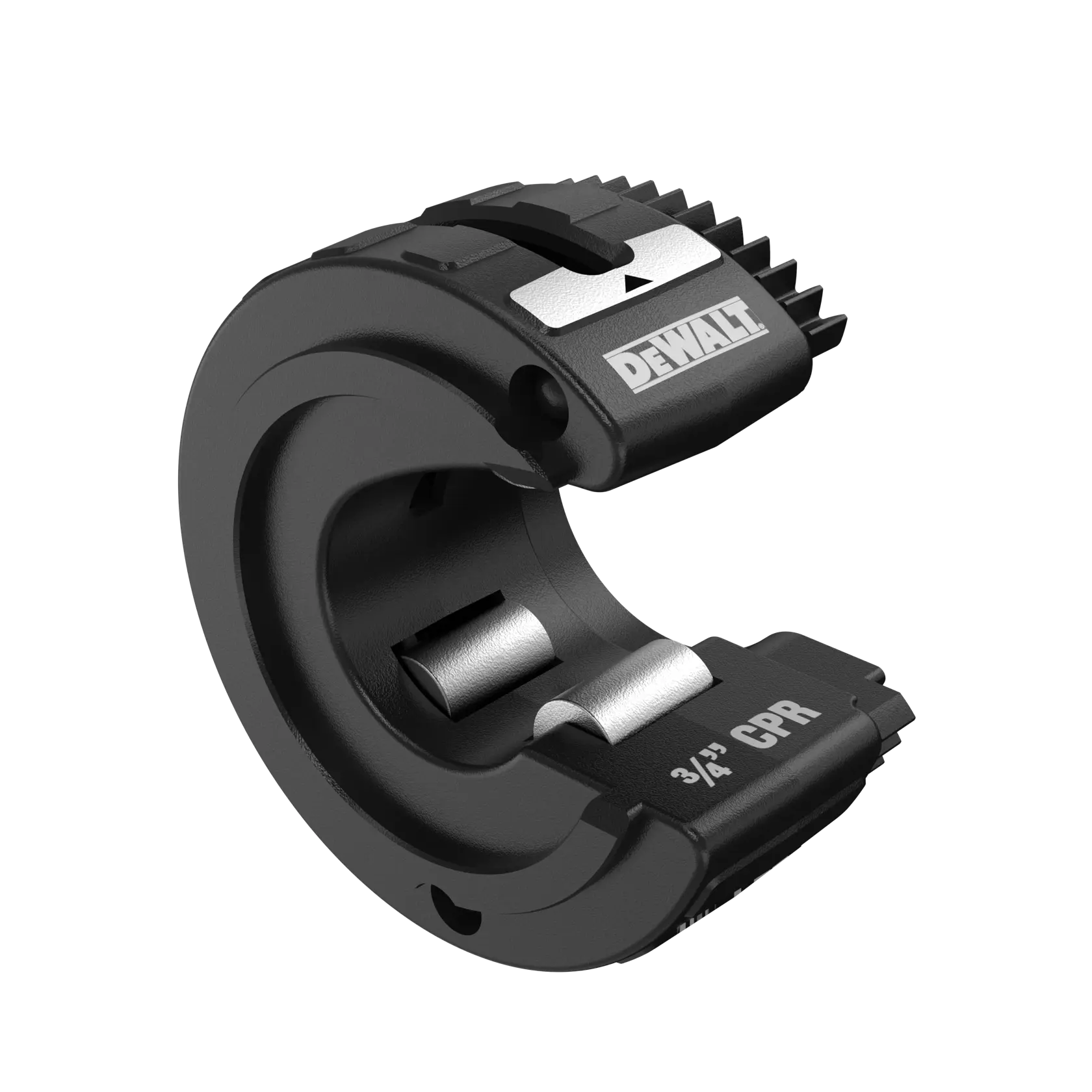 A black DEWALT pipe cutter tool, labeled '3/4 CPR', designed for cutting pipes. The tool features a circular design with a metallic cutting blade inside.