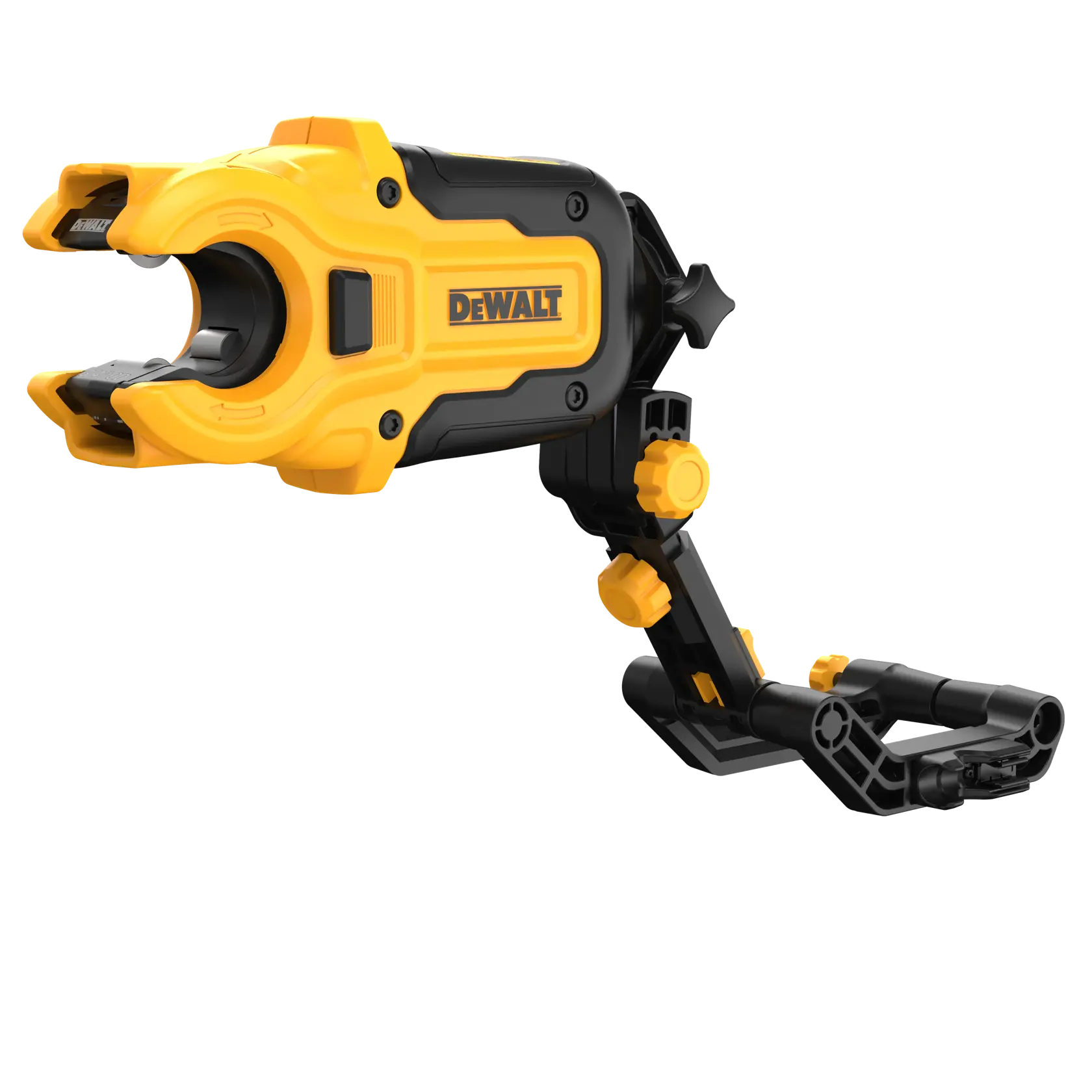 A close-up image of a DEWALT branded camera mount adapter. The device is yellow and black, features adjustable knobs and clamps, and is designed to securely attach cameras or accessories.