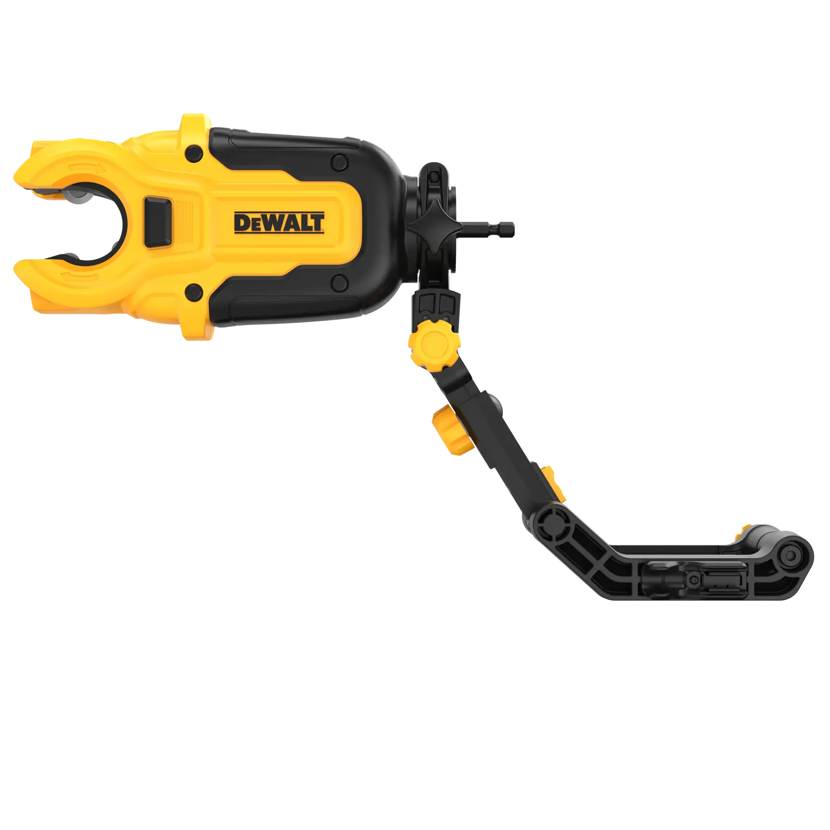 A DEWALT branded yellow and black photography mounting clamp with an adjustable arm, designed for attaching and positioning equipment.