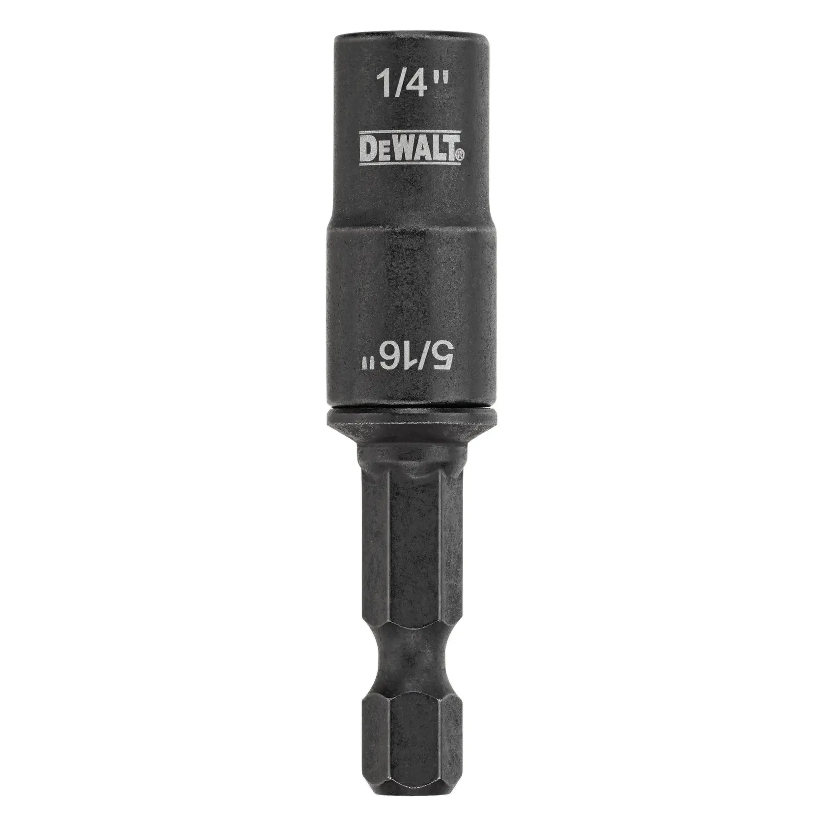 A DEWALT black hex shank nut driver bit with 1/4 inch and 5/16 inch markings, designed for use with power tools.