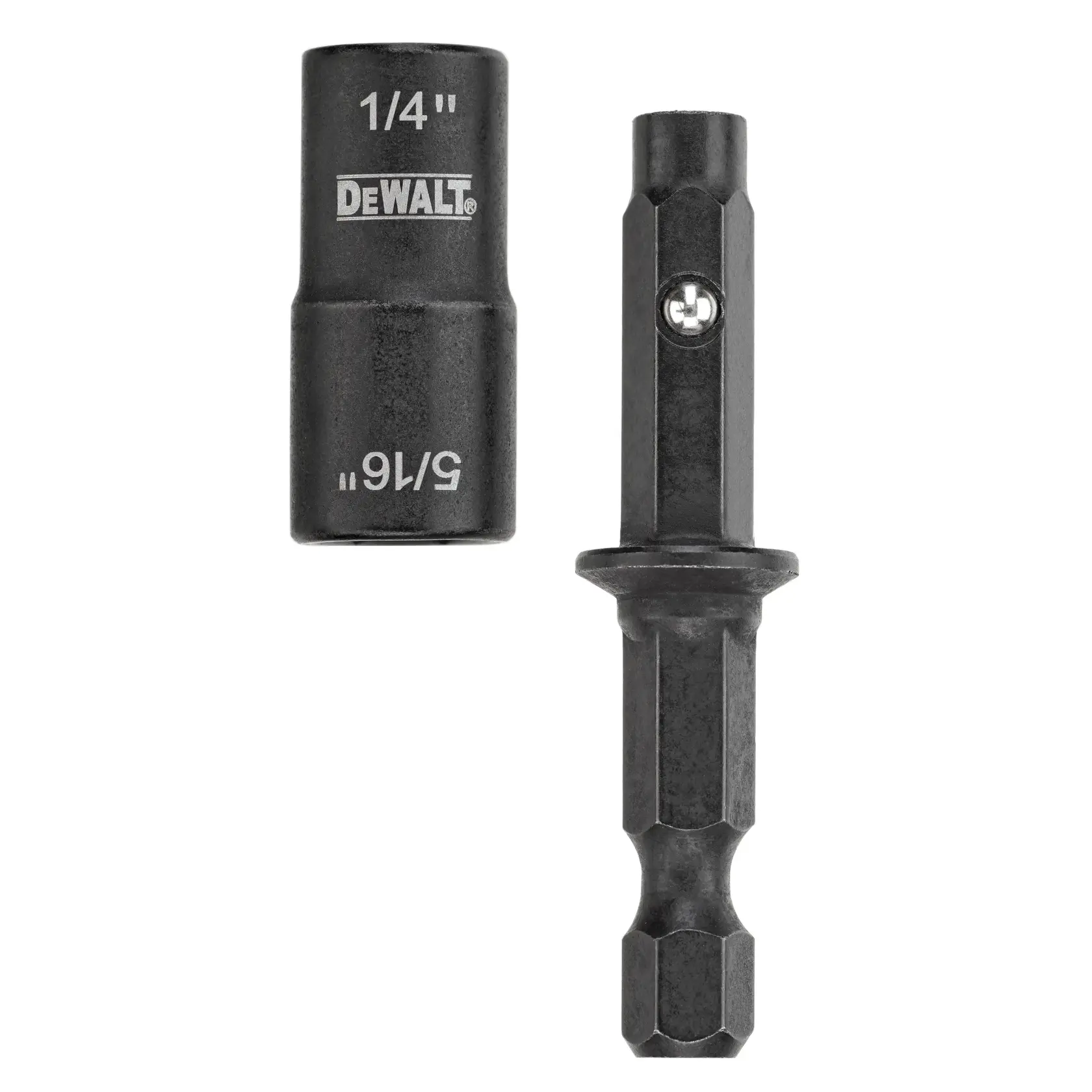 Two DEWALT branded impact socket adapters, one marked 1/4 inch and the other marked 5/16 inch, shown against a white background.