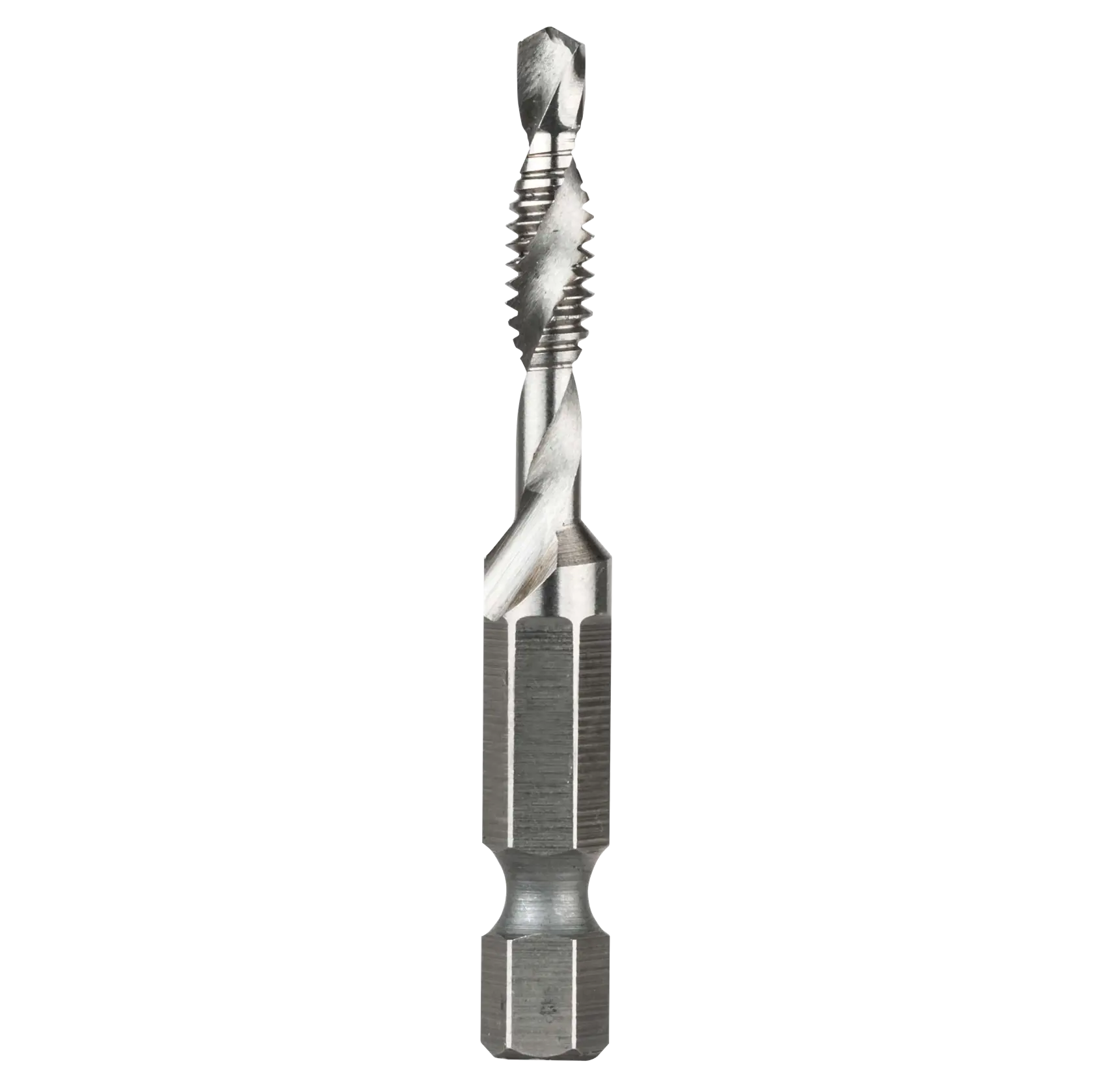 A close-up image of a DEWALT combination drill and tap bit, made of metal, used for drilling and tapping threads in one operation. The tool has a hex shank and spiral flutes.