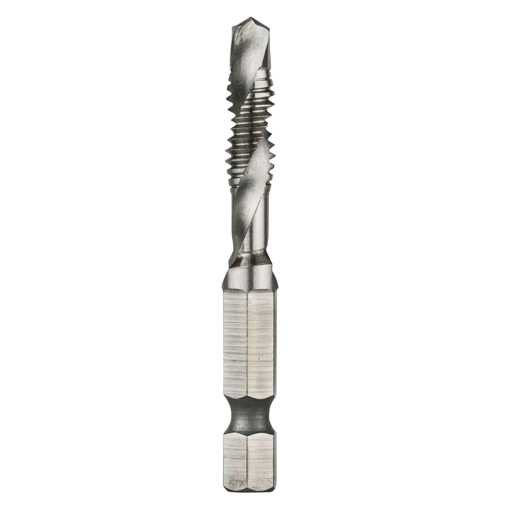 A close-up image of a DEWALT DWADT1420 drill and tap bit, designed for cutting threaded holes in metal and other materials. The bit features a spiral flute and a hexagonal shank.