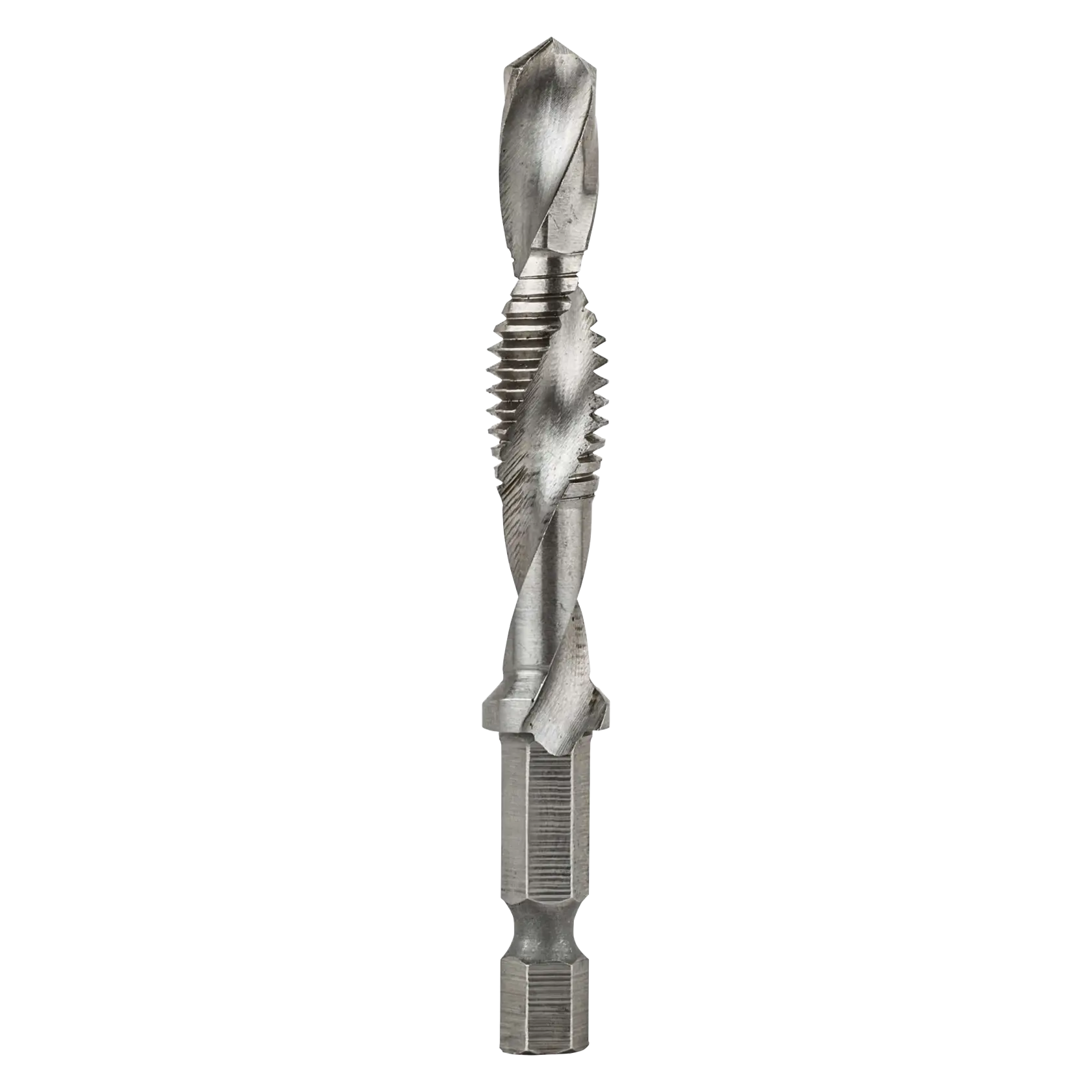 A close-up image of a DEWALT combination drill and tap bit, designed for creating threads and drilling holes in metal surfaces. The bit is metallic with spiral grooves and a hexagonal shank.