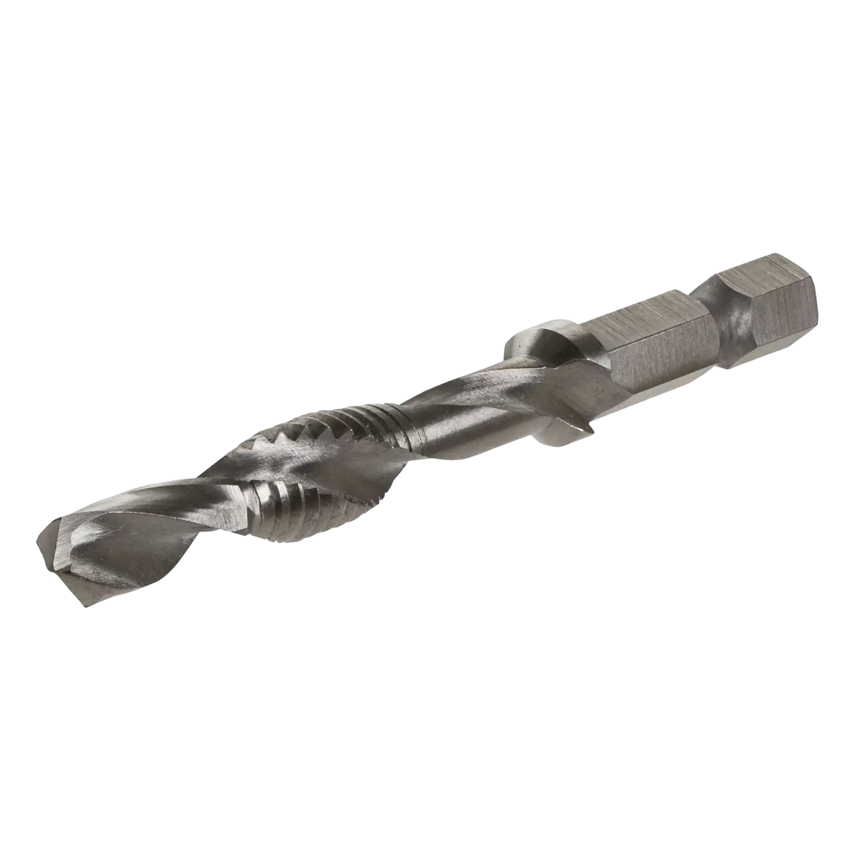 A close-up view of a DEWALT metal drill bit with a hexagonal shank, designed for use in power tools.