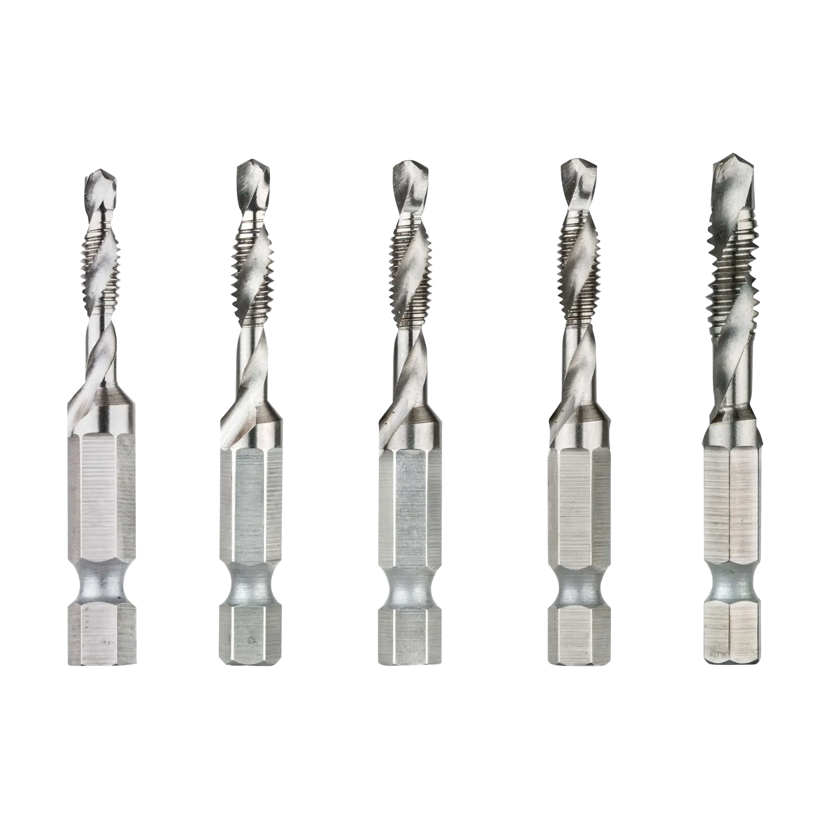 Five DEWALT metal drill and tap bits with hex shank, arranged in a row, showing their spiral fluted cutting edges.