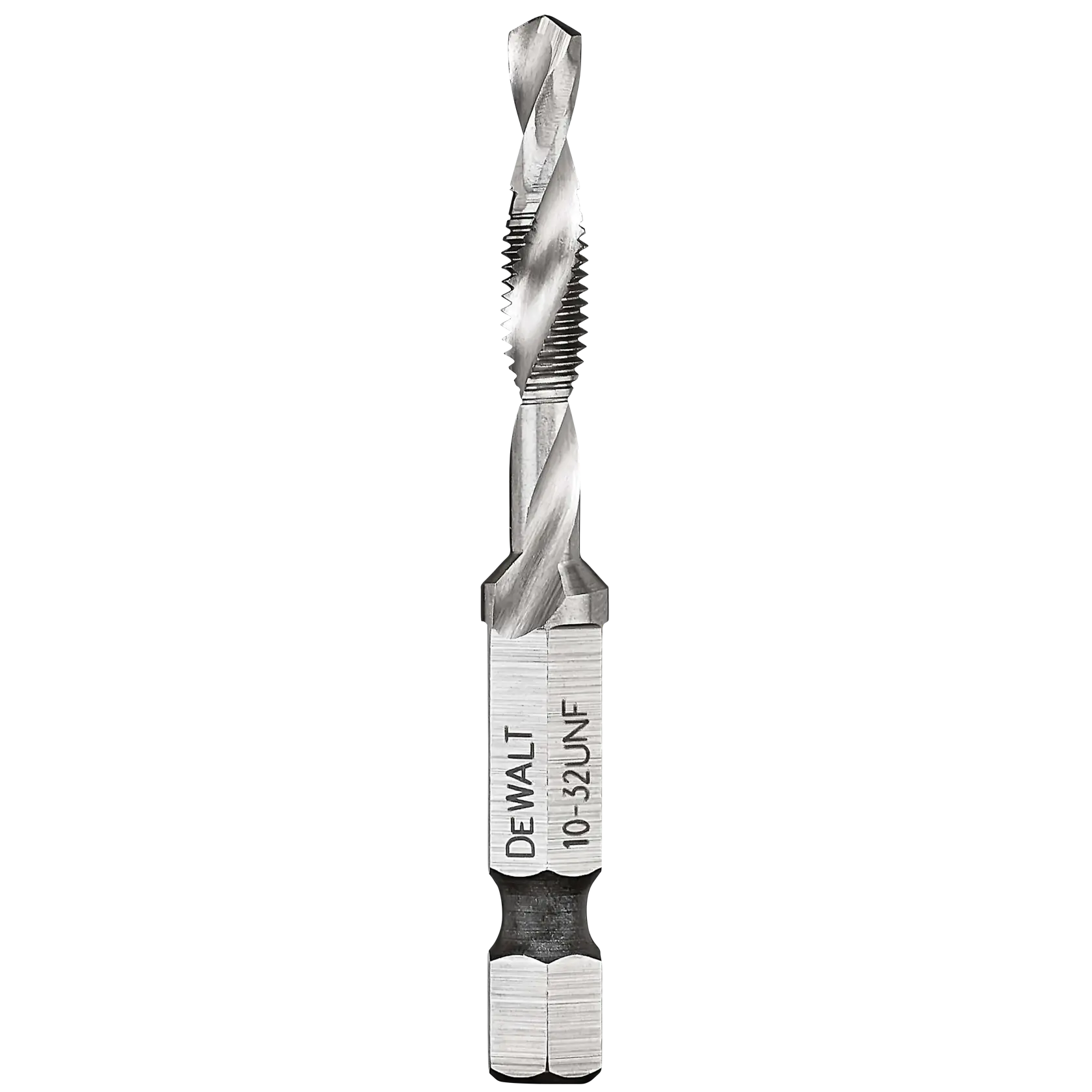 A DEWALT branded combination drill and tap bit with the marking '10-32 UNF' on its shank, designed for creating threads in metal.