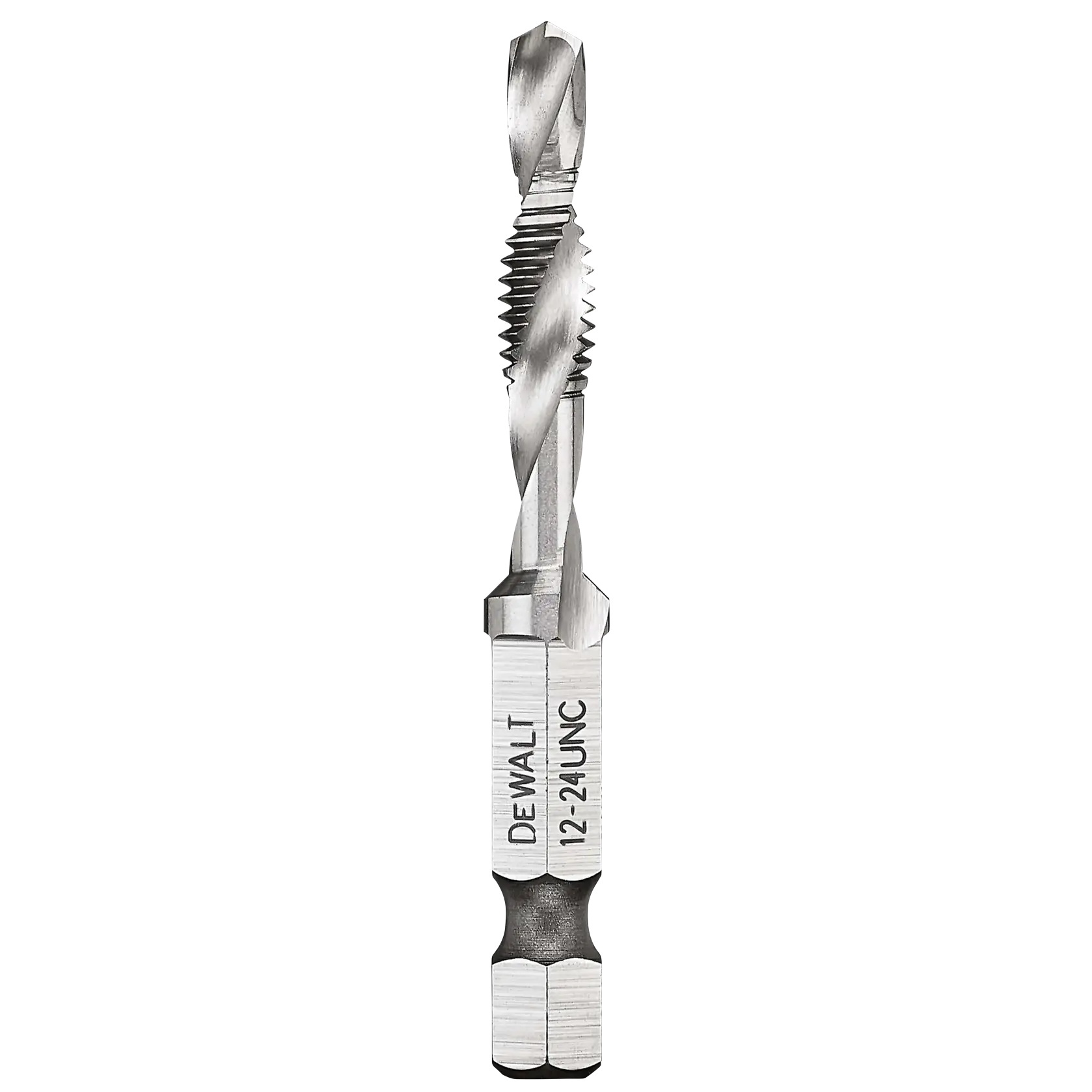 A DEWALT branded metal drill and tap bit featuring spiral fluting and a hex shank, labeled with '1/2-24 UNC.'