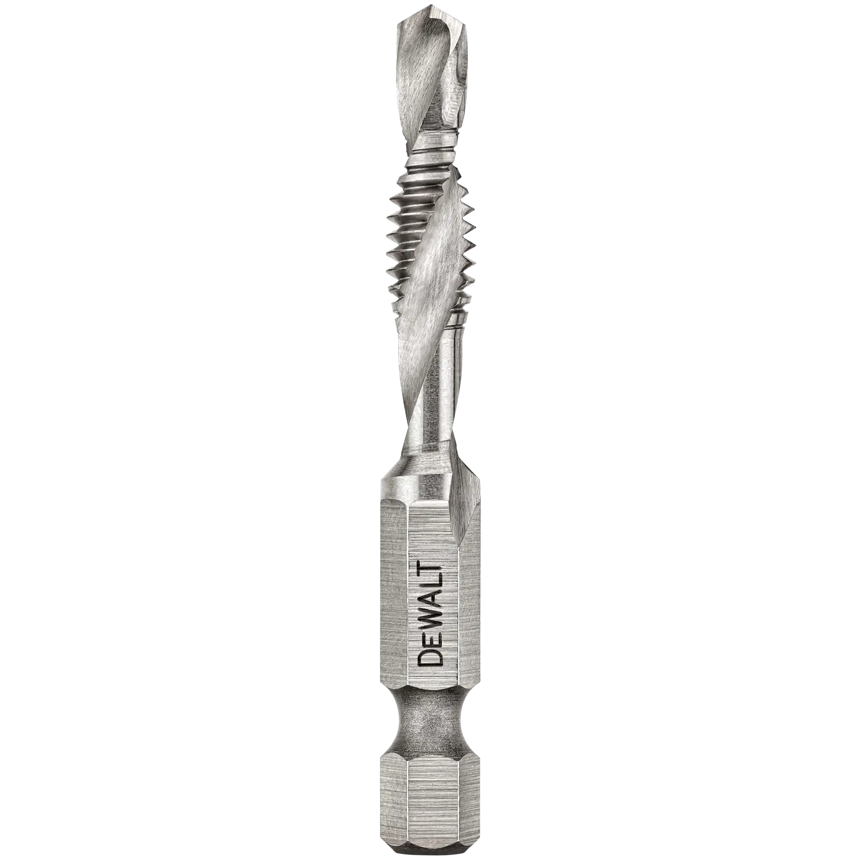 A close-up image of a DEWALT branded metal drill bit with spiral fluting and a hex shank, set against a white background.