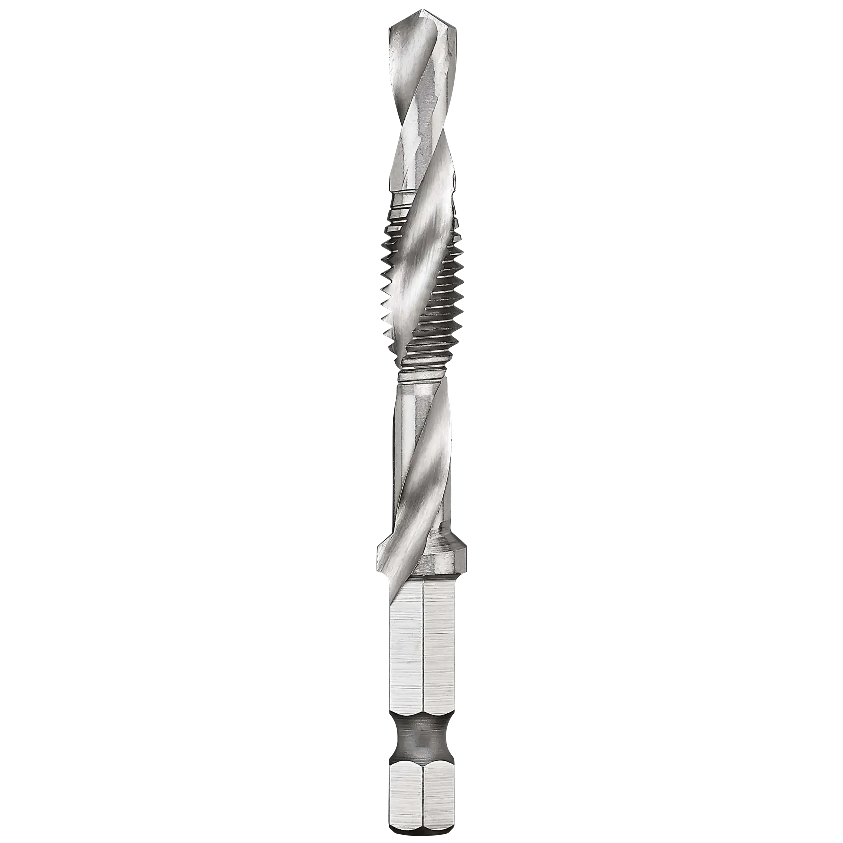 A close-up image of a metal drill and tap bit with spiral flutes and a hex shank, designed for use with power tools.