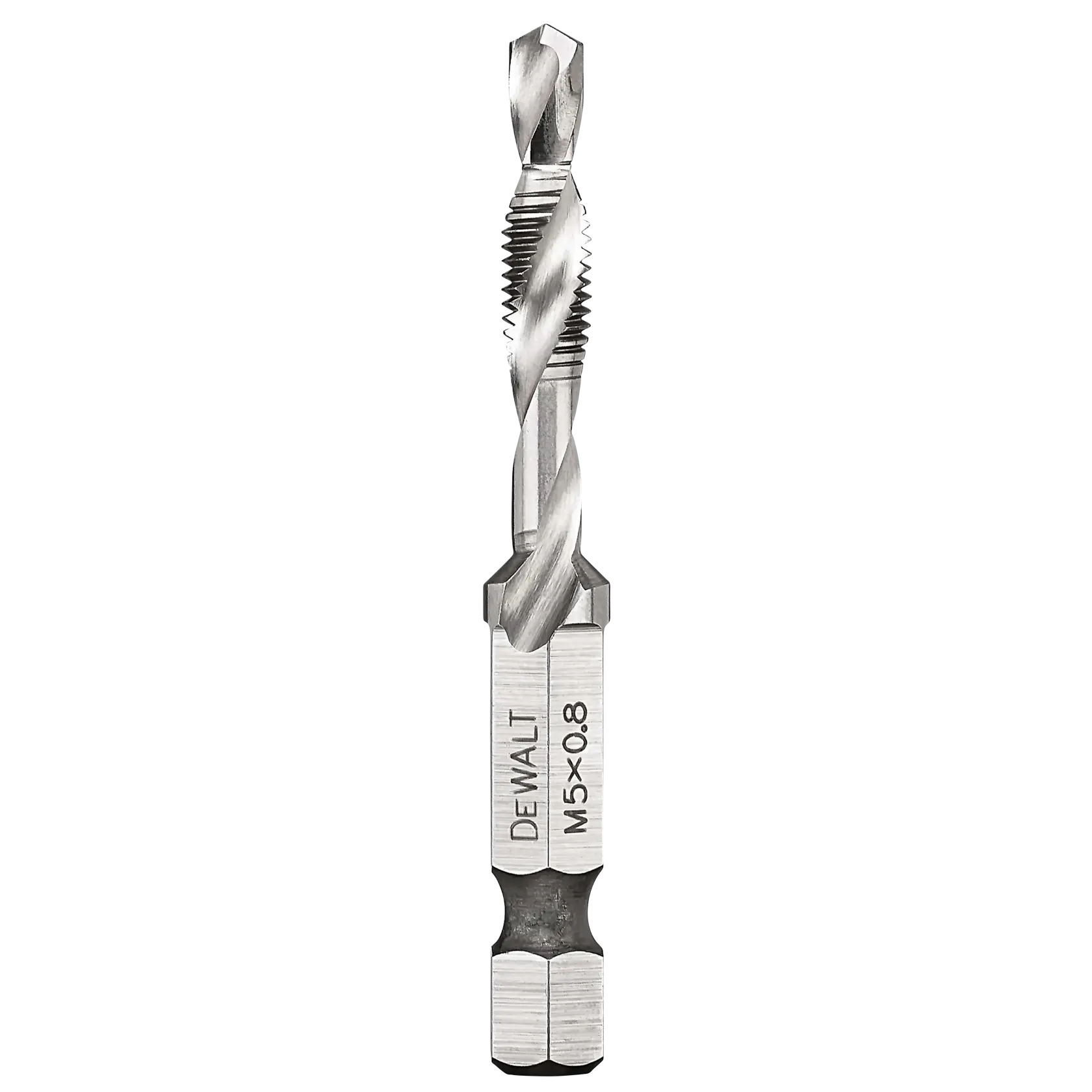A DEWALT metal drill tap bit with hex shank, labeled M5 x 0.8, designed for drilling and tapping threaded holes.