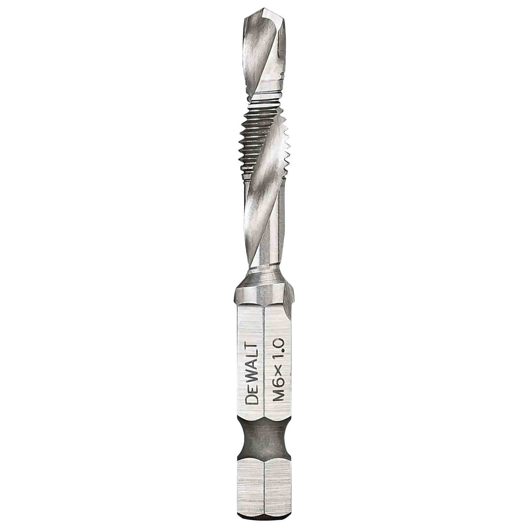 A DEWALT M6 x 1.0 metal drill and tap bit, designed for creating and threading holes in metal surfaces. The bit features a spiral cutting and threading section, and has a hex shank for attaching to a drill.
