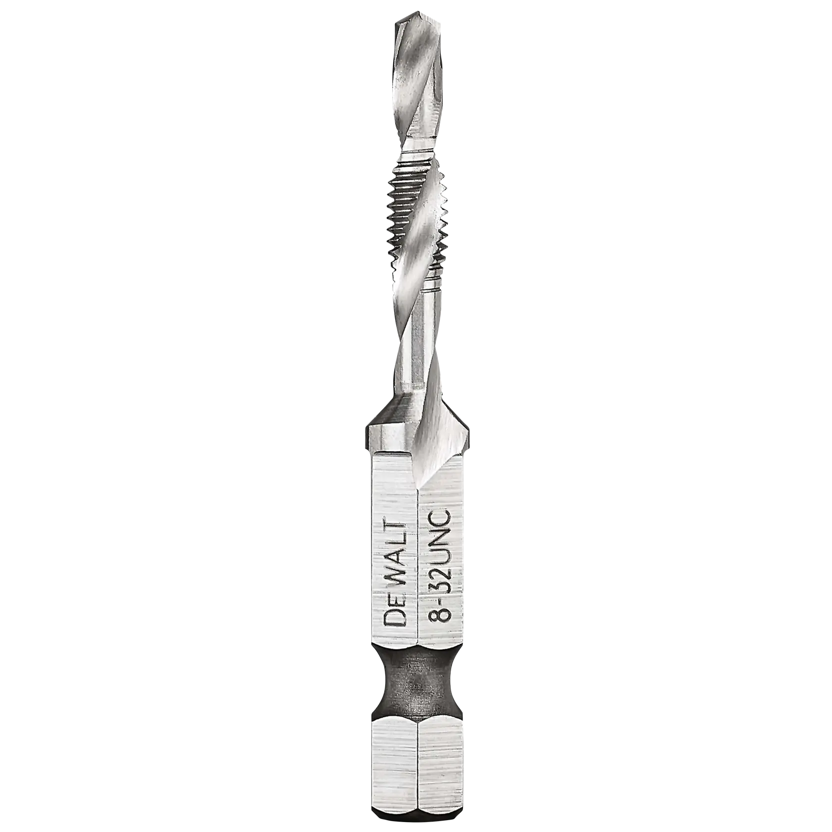 A close-up image of a DEWALT 8-32 UNC tap and drill bit, showing the silver metal tool with spiral flutes and hexagonal shank.