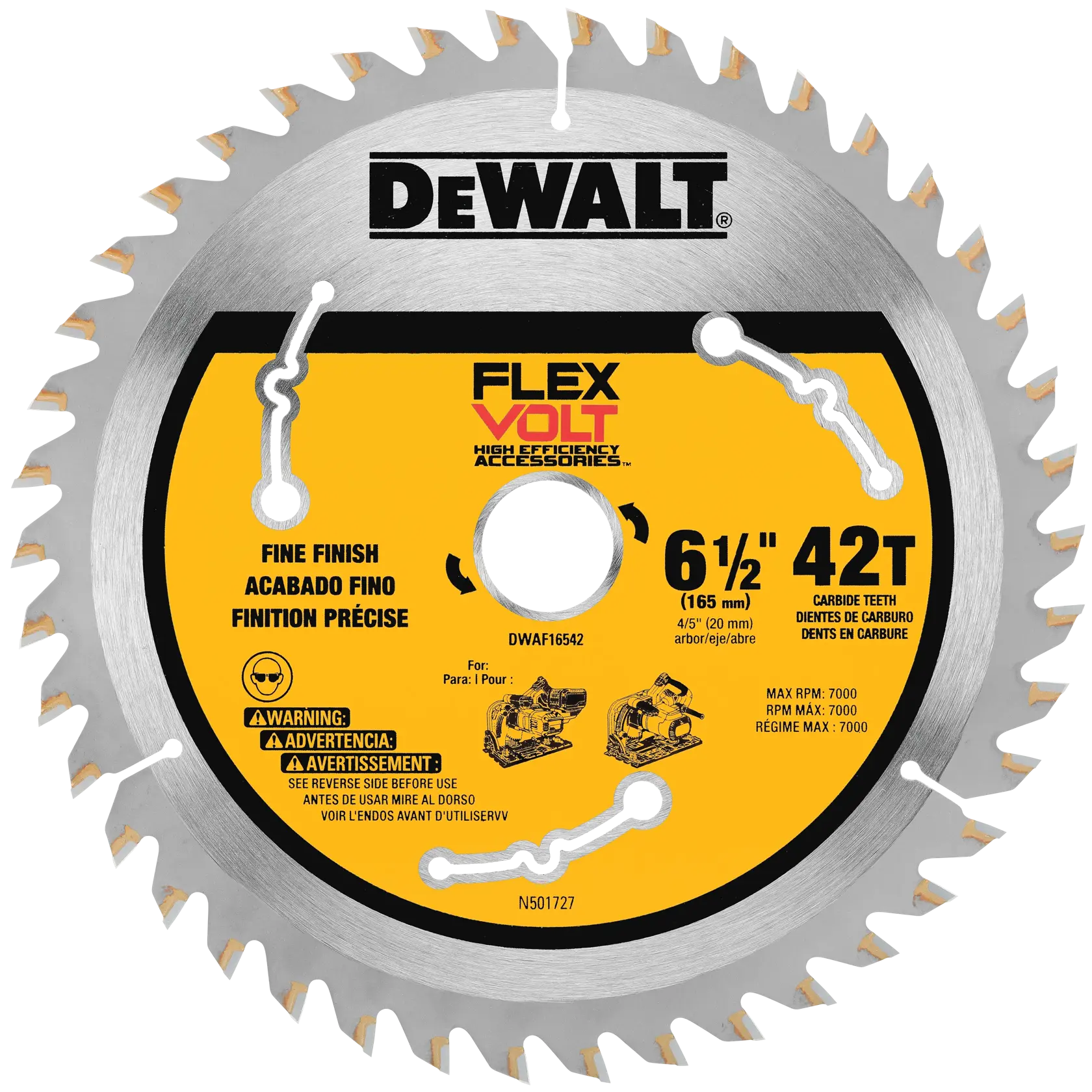 Circular saw blade from DEWALT with yellow and silver design, labeled 'FLEXVOLT High Efficiency Accessories.' It features 42 carbide teeth, 6 1/2 inch (165 mm) diameter, and is intended for fine finish cuts. Safety warnings and multilingual text are printed on the blade.
