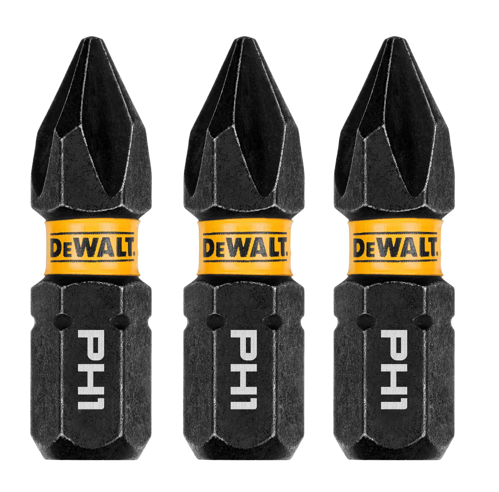 Three DEWALT branded PH1 impact screwdriver bits are displayed side by side, each featuring a yellow band with the DEWALT logo.