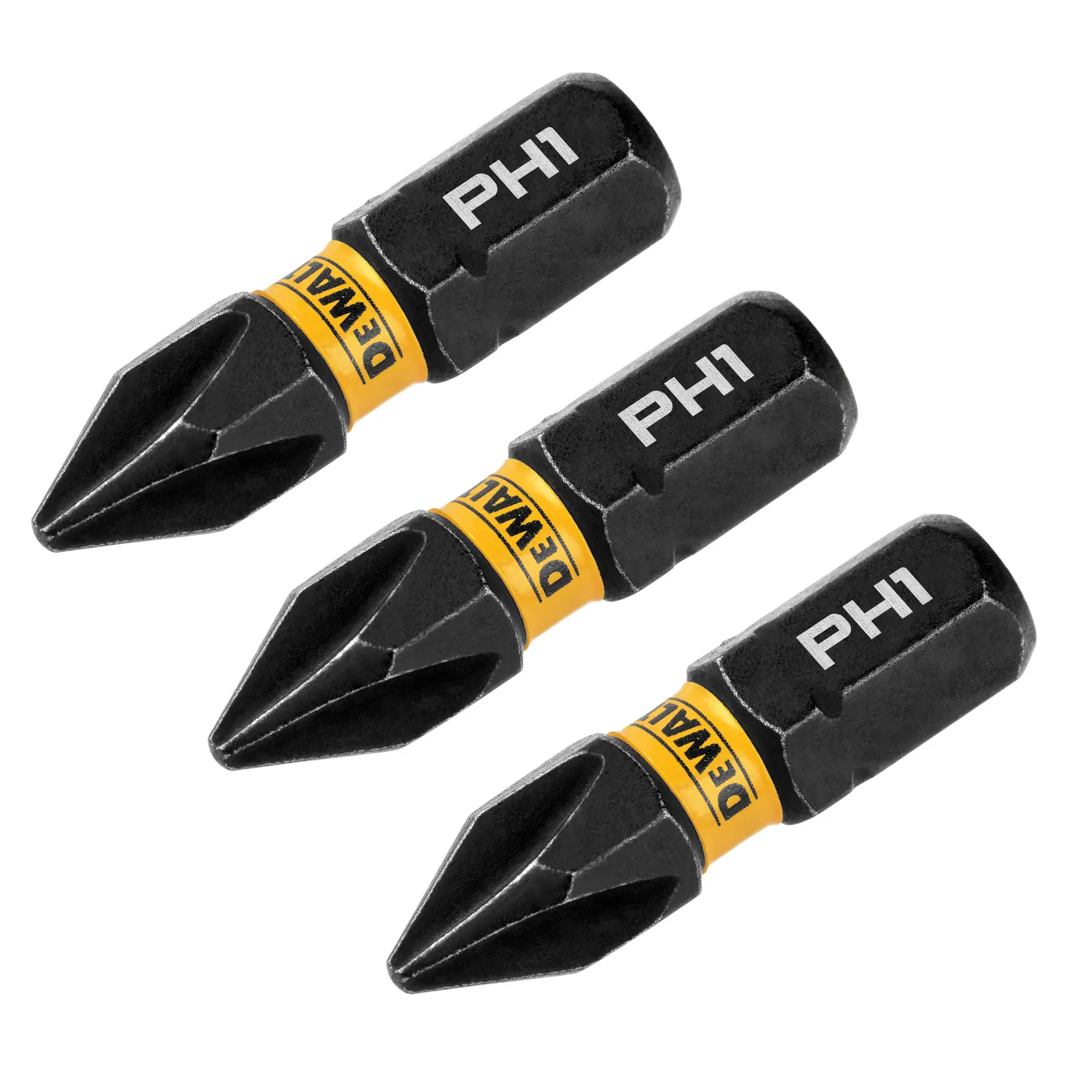 Three DEWALT PH1 screwdriver bits, black with yellow branding, shown side by side on a white background.