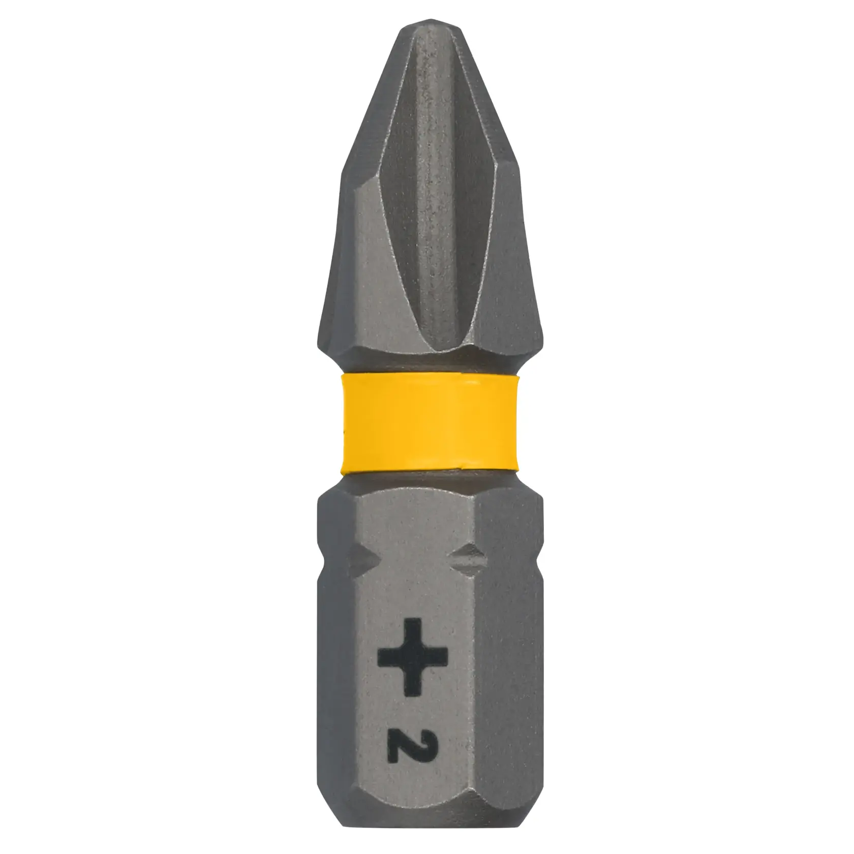 A close-up image of a DEWALT Phillips screwdriver bit, size PH2, featuring a yellow band around its middle.