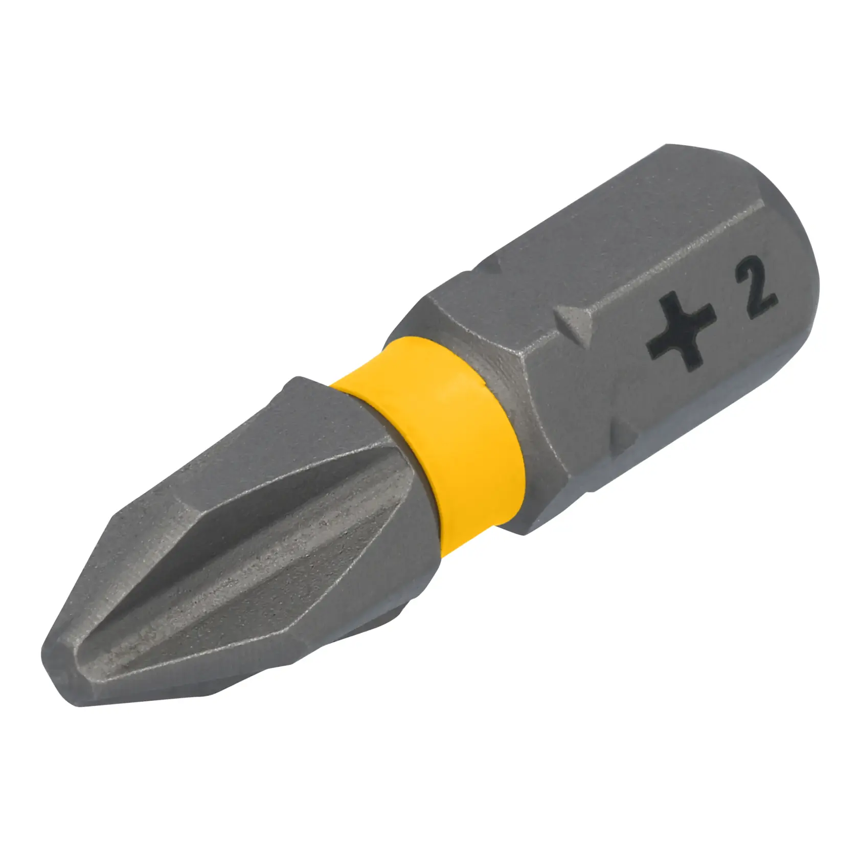 A close-up image of a DEWALT Phillips screwdriver bit with a yellow ring and the marking '+2' engraved on the side.