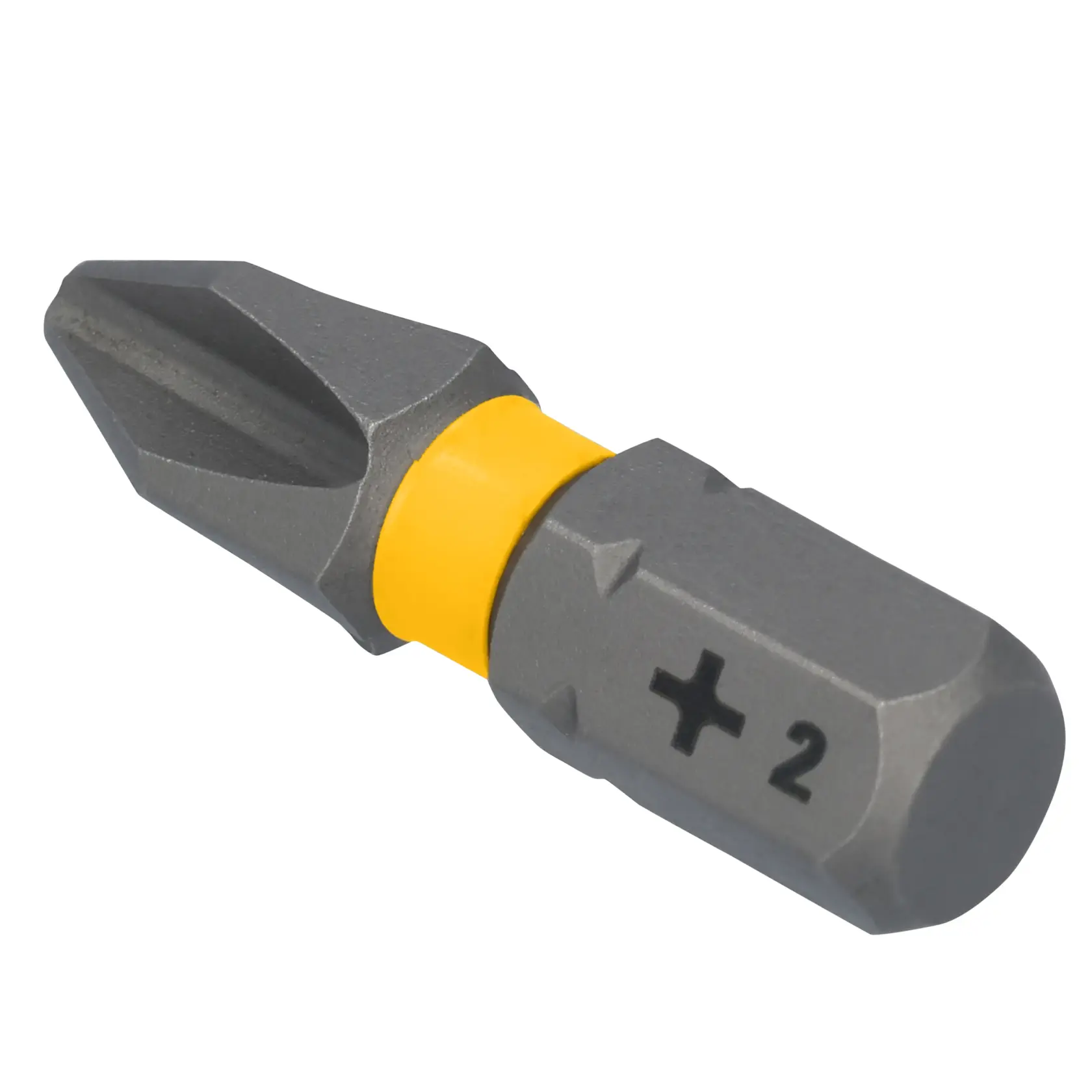 Close-up image of a DEWALT Phillips #2 screwdriver bit, featuring a yellow band and a cross symbol with the number 2 on the side.
