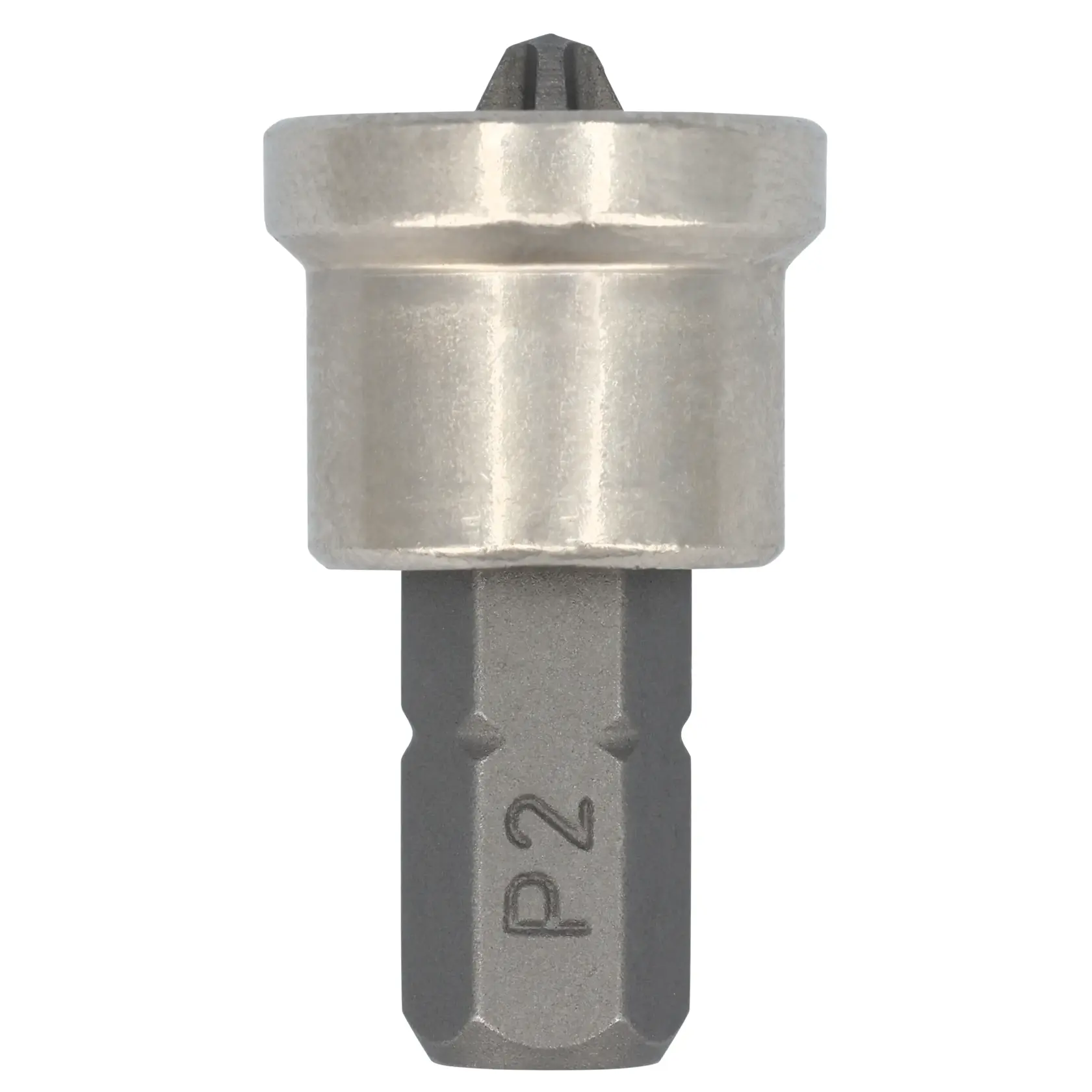 A close-up image of a DEWALT screwdriver bit with a protective metal sleeve, featuring a Phillips head and labeled with 'P2'.