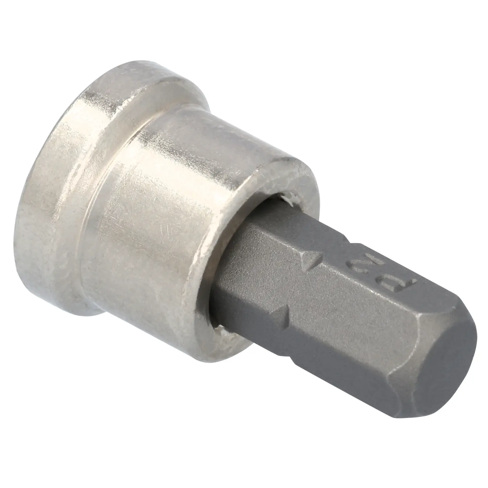 Close-up image of a DEWALT screwdriver bit with a metallic base and a hexagonal head, used for driving screws.