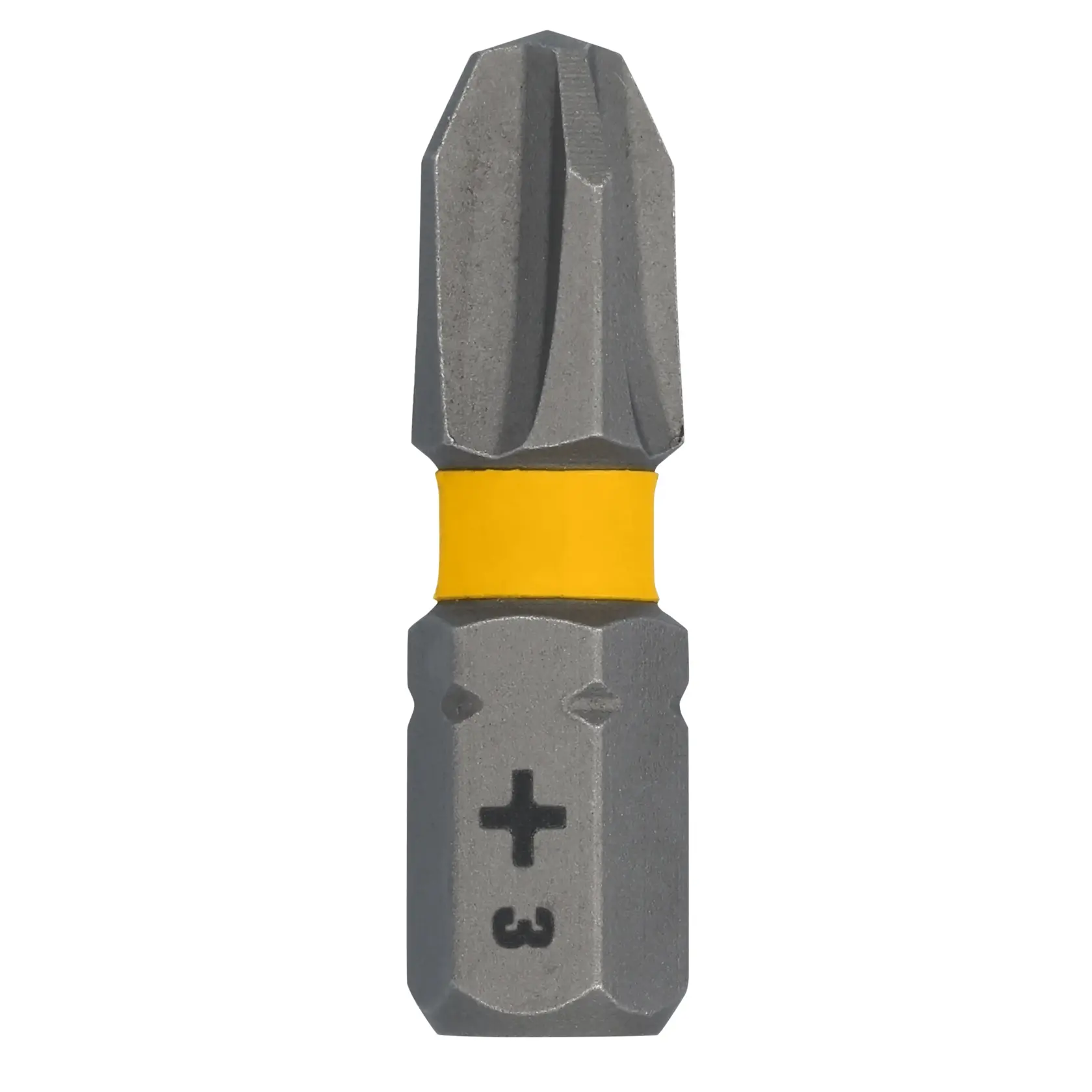 A close-up image of a DEWALT Phillips #3 screwdriver bit with a yellow ring near the base. The bit is metallic and hexagonal at the bottom.