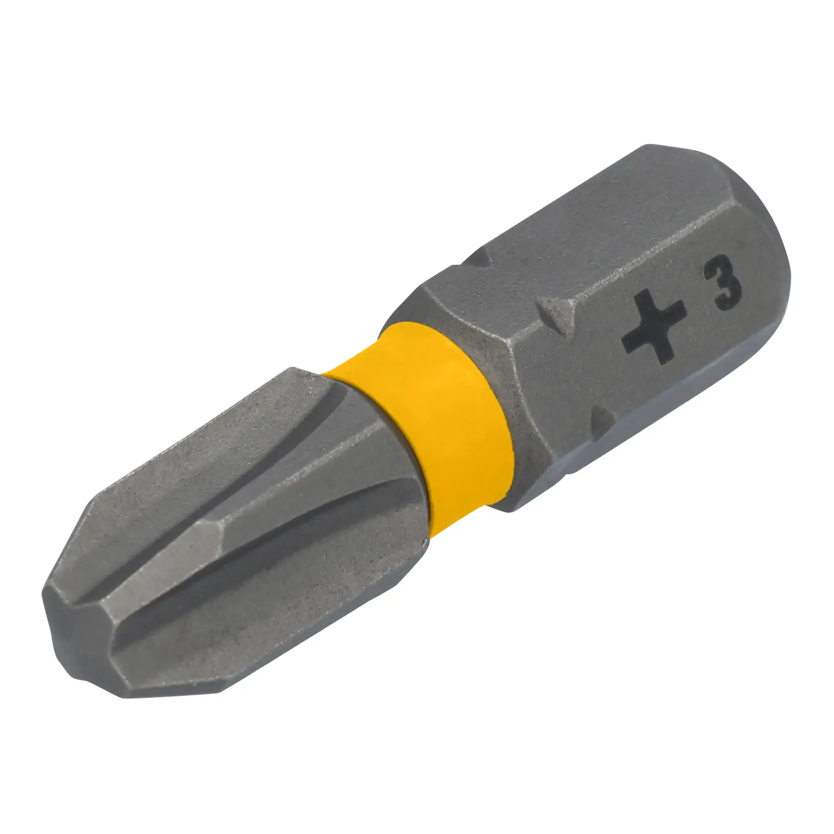 A close-up image of a DEWALT Phillips screwdriver bit with a yellow band and a size marking of '+3' on the side.