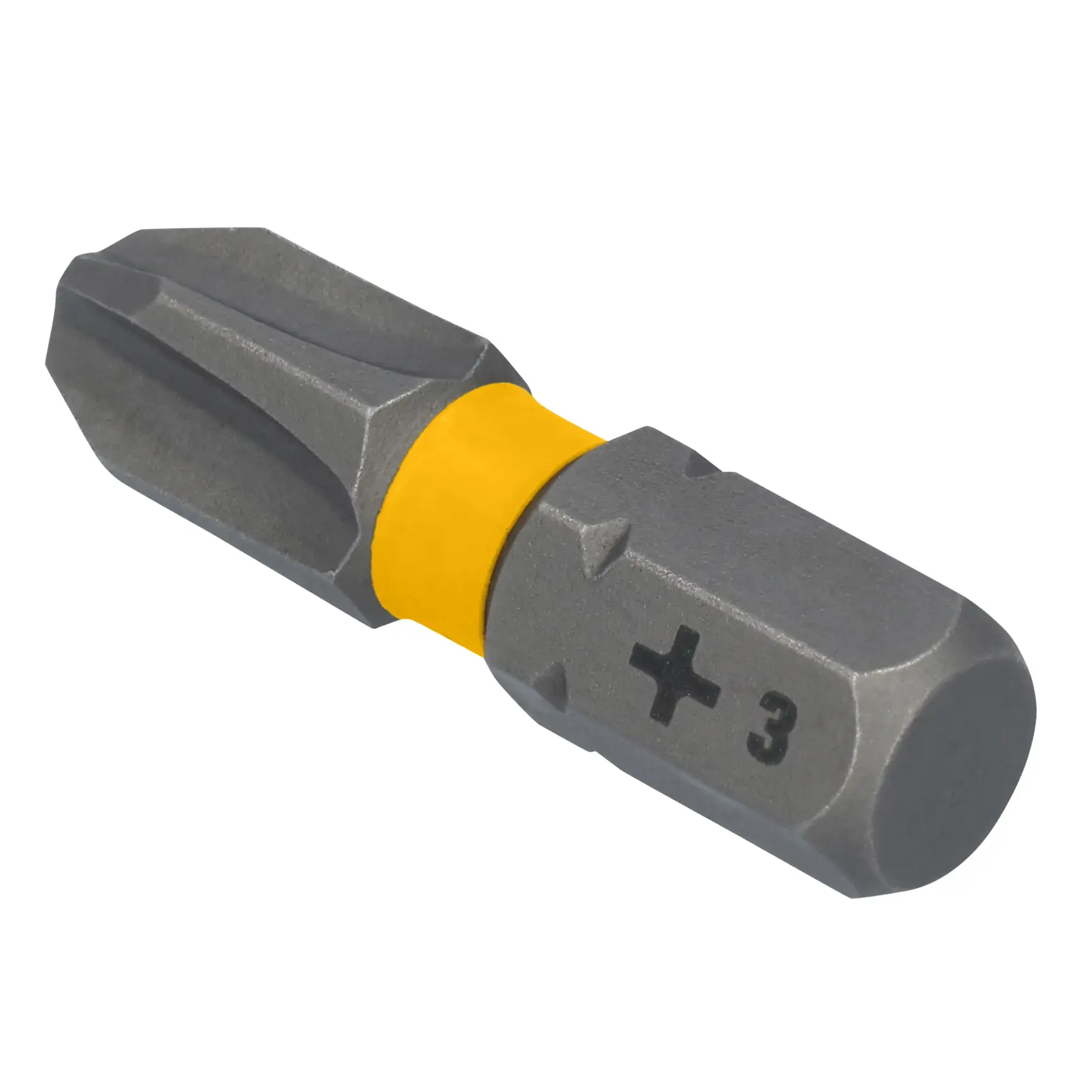 A close-up image of a DEWALT Phillips #3 screwdriver bit with a yellow collar, designed for use with power drills.